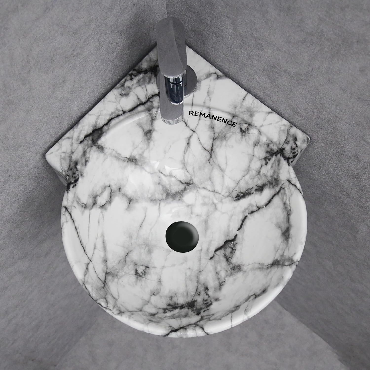 REMANENCE-ROUND Designer Wall Mounted Small Corner Wash Basin for Bathroom (16.3 x 13.8 x 4.3 Inch)
