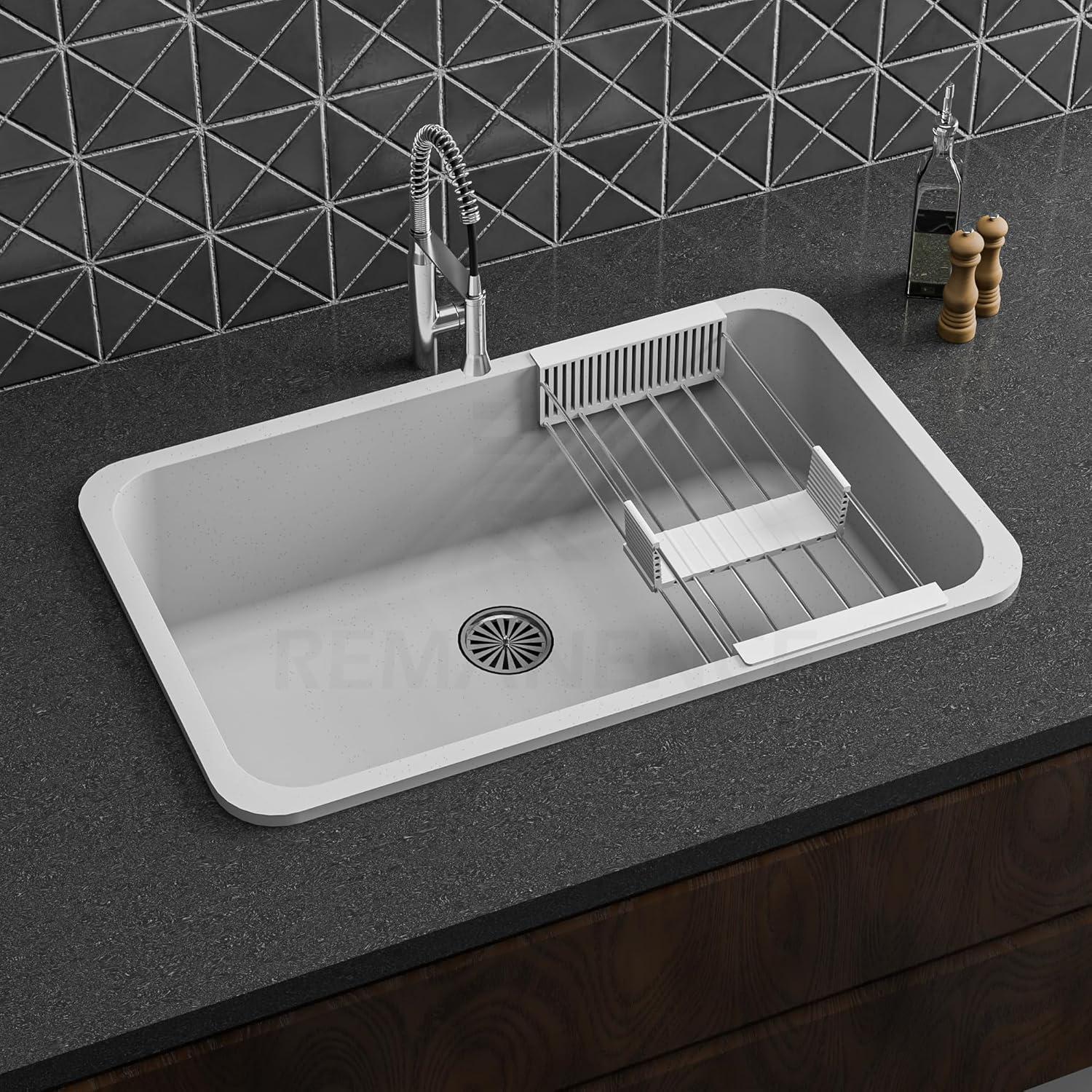 REMANENCE Granite Quartz Single Bowl Matte Finish Kitchen Sink With Drainer Basket (31 x 19 x 9 Inch) (White Dot)
