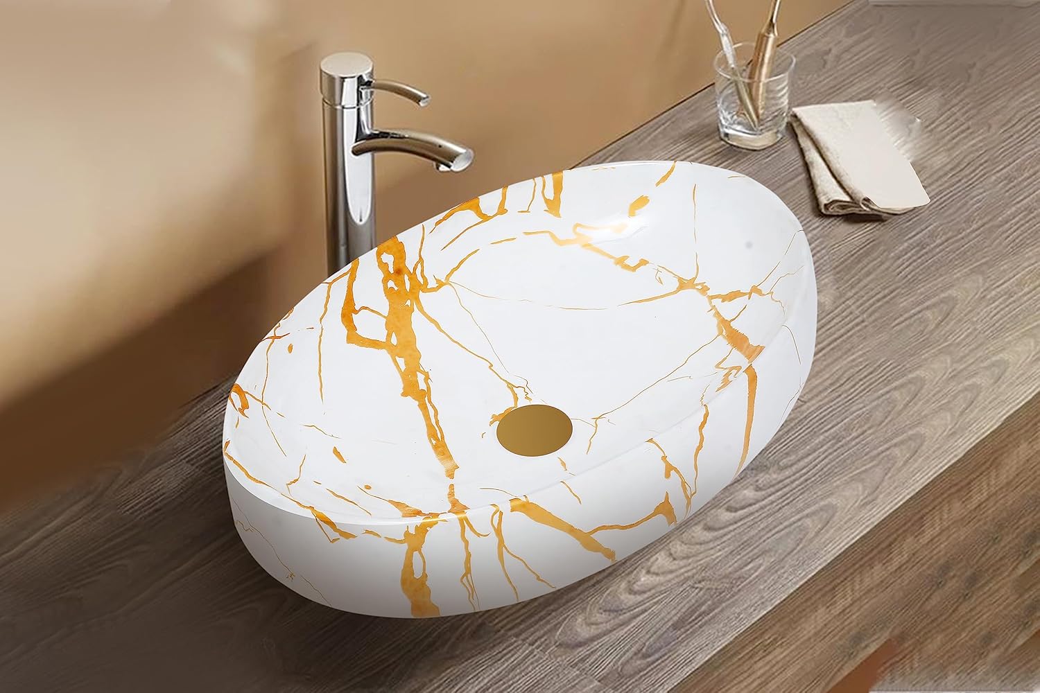 REMANENCE Ceramic Countertop Wash Basin for Designer Bathroom, Boutique Hotels, Luxury Homes (24 x 15 x 6 Inch) (White Gold)