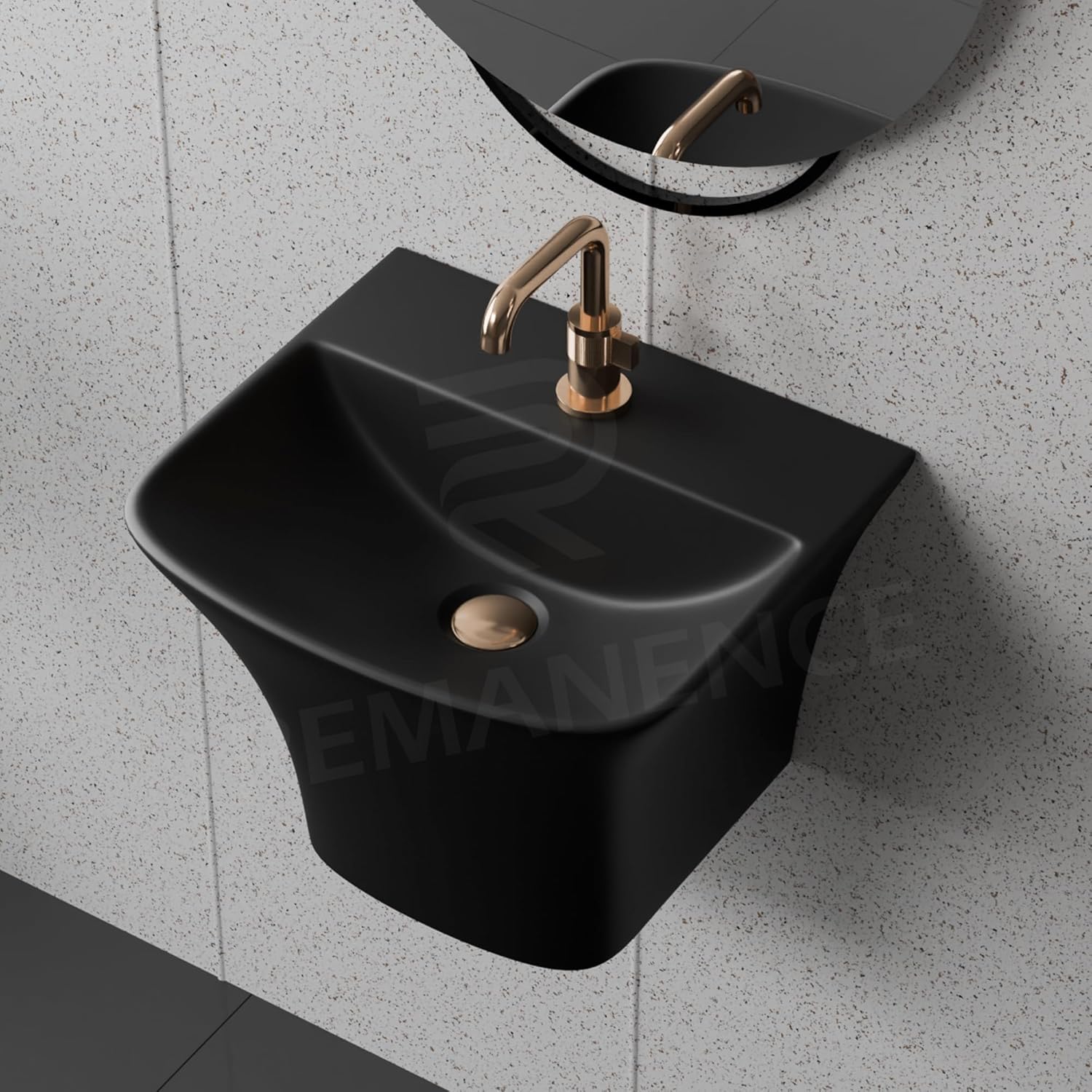 REMANENCE-RION Luxury Wall Mount Half Pedestal Wash Basin for Bathroom, Restaurant, Hotels (Matte Black)