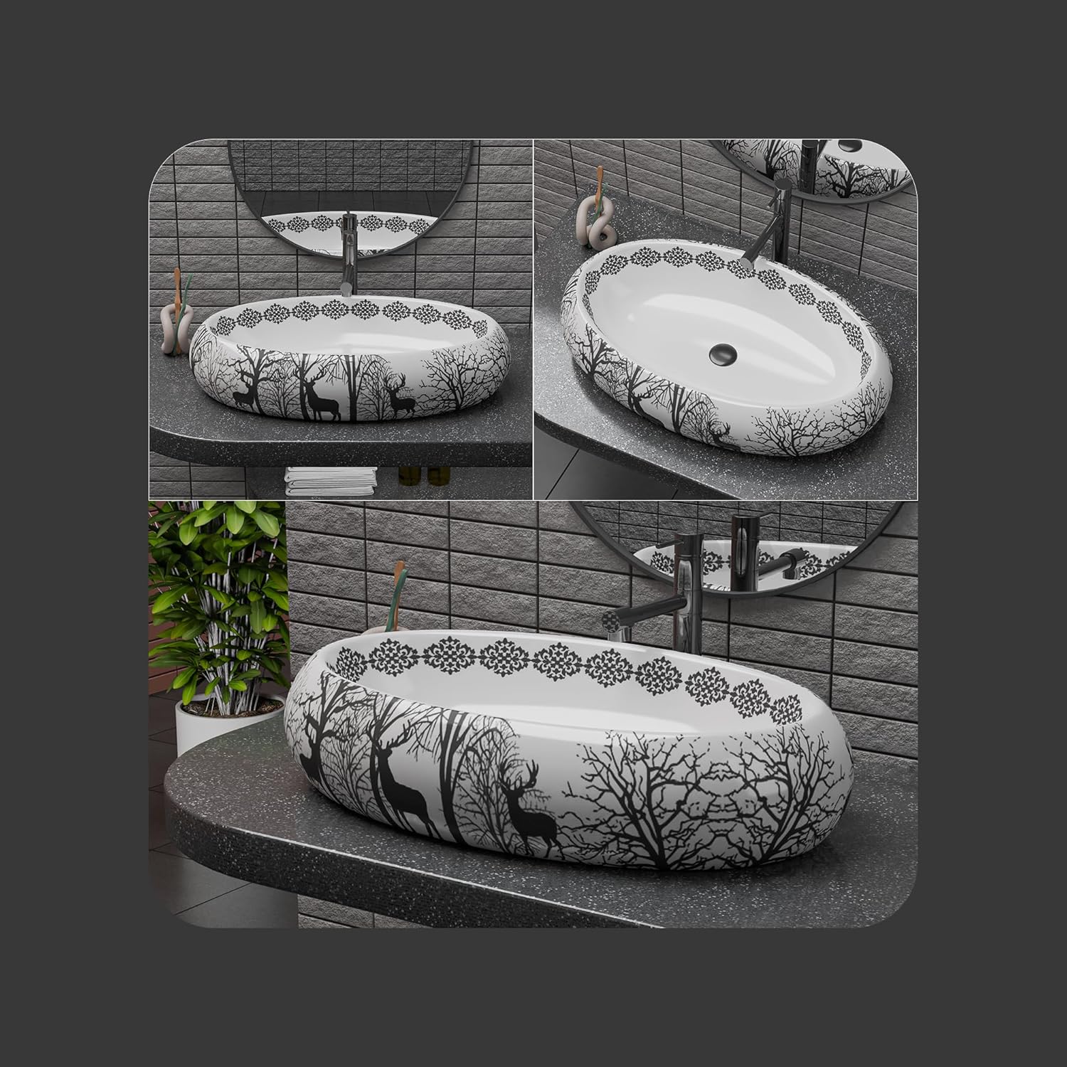 REMANENCE-ROUND Premium Countertop Wash Basin for Luxury Bathrooms, Boutique Hotels & Resorts, Premium Restaurants & Cafés (24 X 16 X 6 Inch) (BLACK DEER ANIMAL)