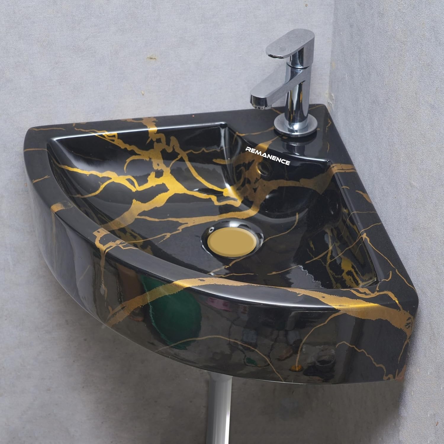 REMANENCE Ceramic Designer Wall Mounted Corner Wash Basin (20.4 x 15 x 6 Inch)