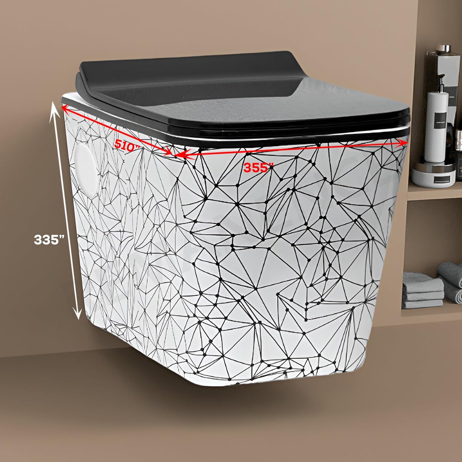 REMANENCE Ceramic Moroccan Design Wall Mount Commode with Soft Close Seat Cover (51D x 35.5W x 33.5H Centimeters)-RWH03