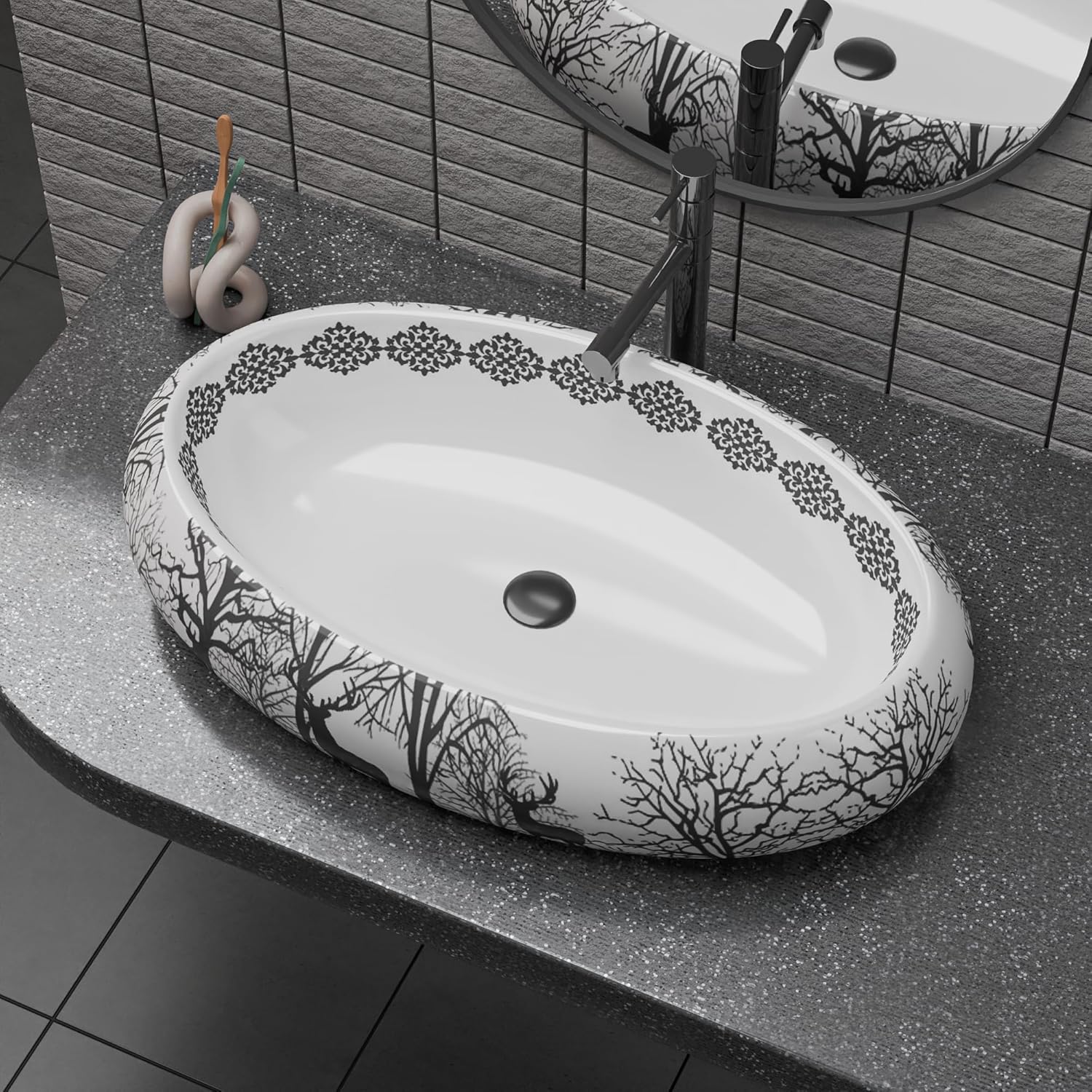 REMANENCE-ROUND Premium Countertop Wash Basin for Luxury Bathrooms, Boutique Hotels & Resorts, Premium Restaurants & Cafés (24 X 16 X 6 Inch) (BLACK DEER ANIMAL)