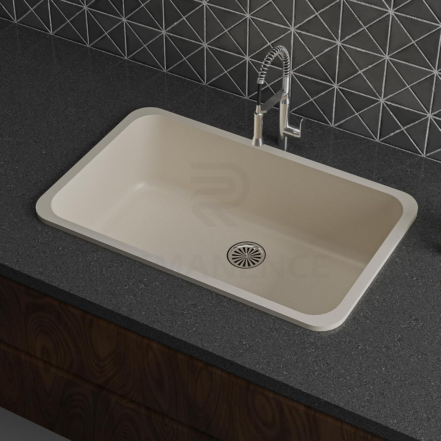 REMANENCE Granite Quartz Single Bowl Matte Finish Kitchen Sink With Drainer Basket (31 x 19 x 9 Inch) (Ivory)