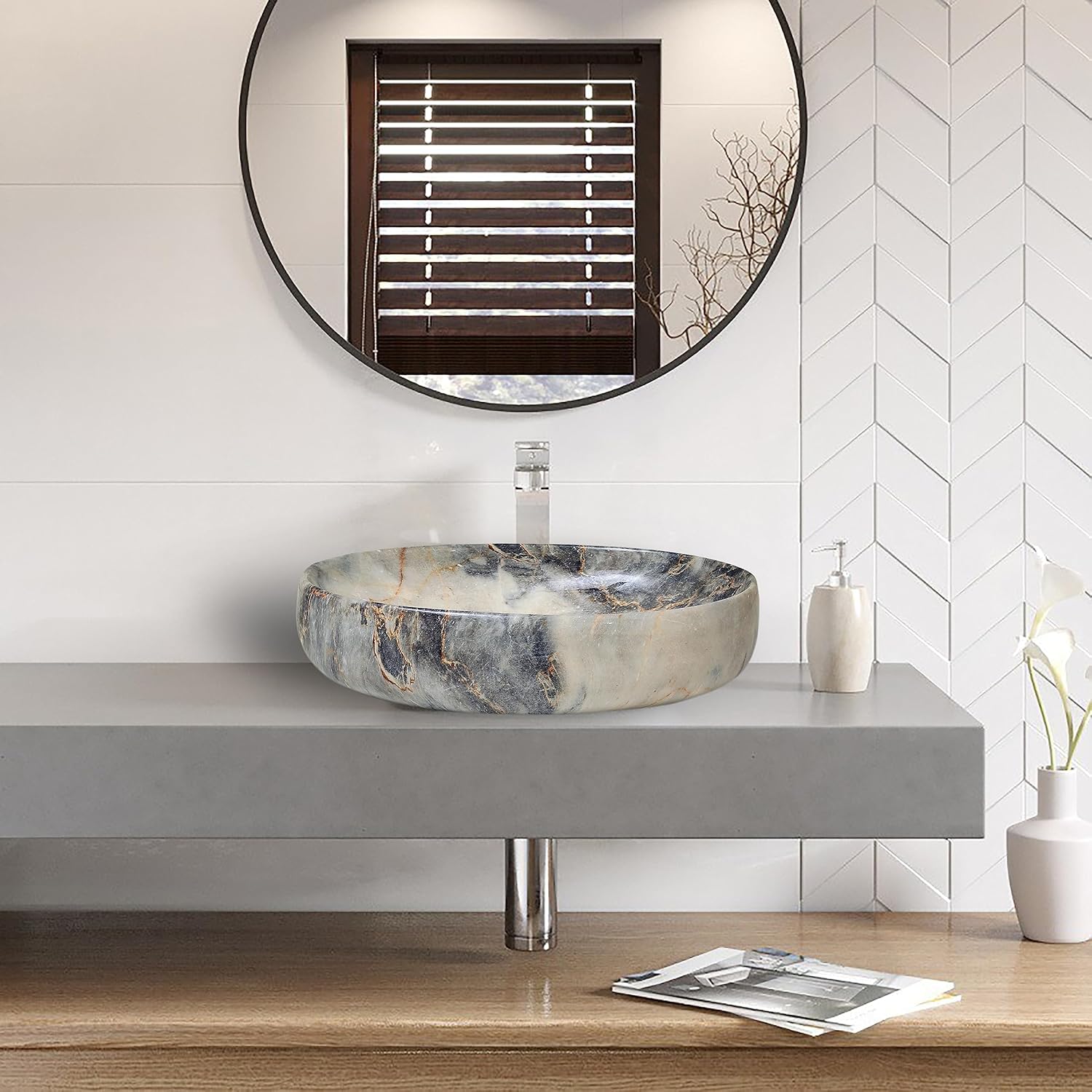 REMANENCE Ceramic Countertop Wash Basin for Designer Bathroom, Boutique Hotels, Luxury Homes (24 x 15 x 6 Inch) (Marble Beige)