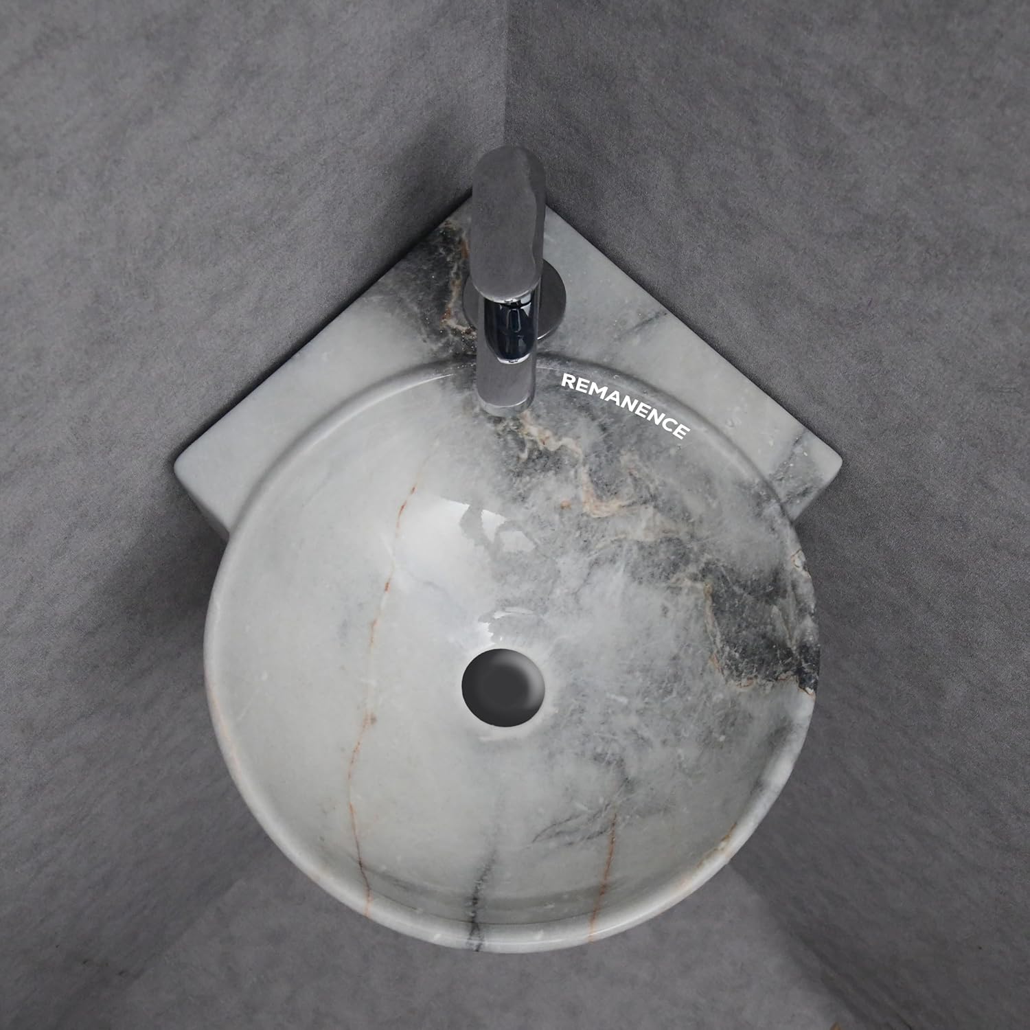 REMANENCE-ROUND Designer Wall Mounted Small Corner Wash Basin for Bathroom (16.3 x 13.8 x 4.3 Inch)