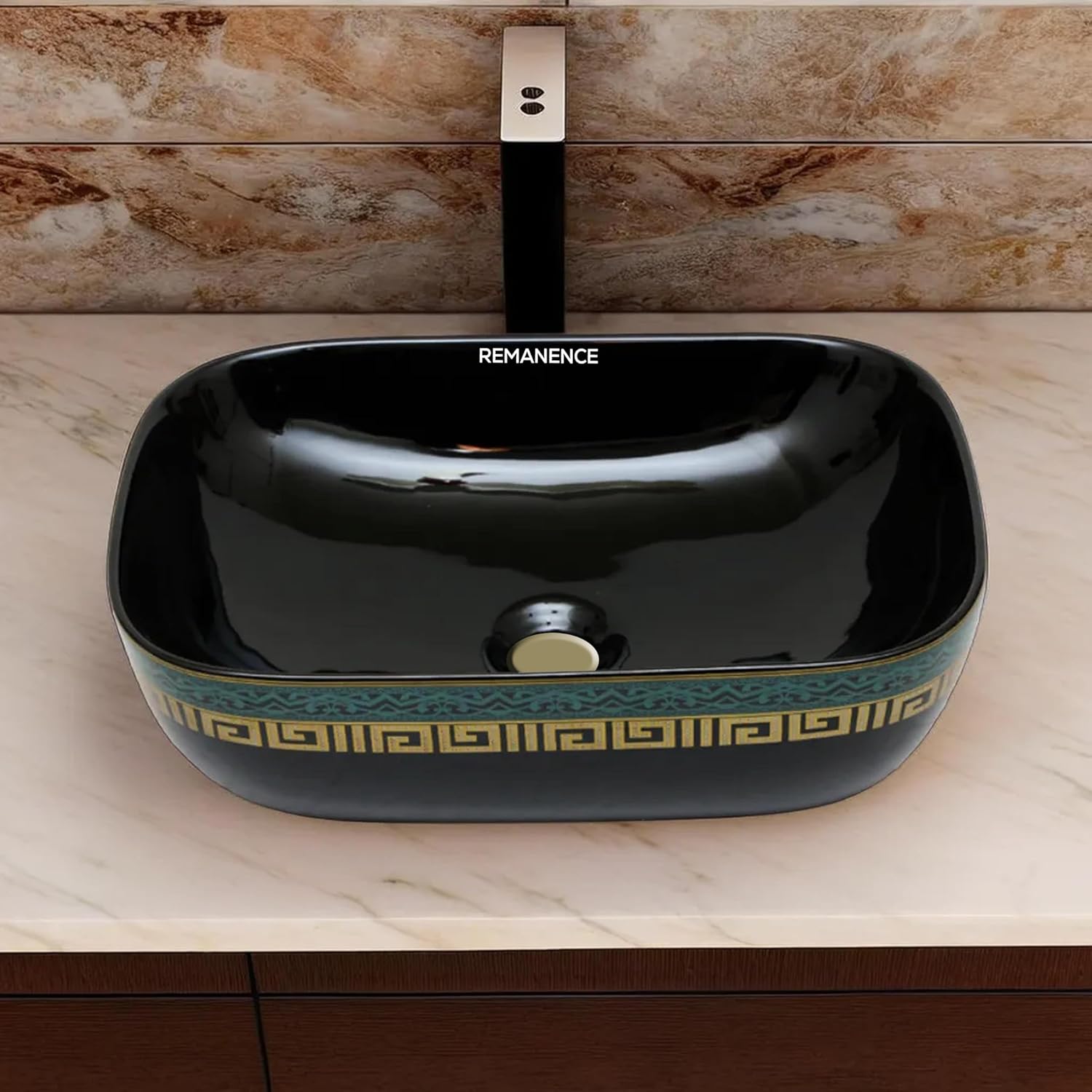 REMANENCE Premium Tabletop Wash Basin for Luxury Bathroom, Gourmet Restaurants, Designer Showrooms (18 x 13 x 5.5 Inch) (Black Gold Tip)