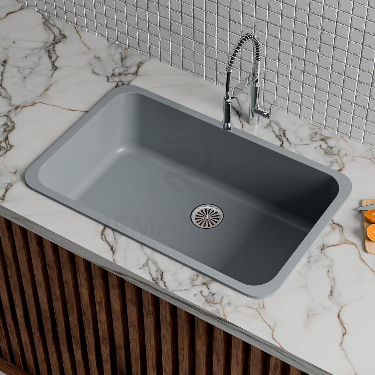 REMANENCE Granite Quartz Single Bowl Matte Finish Kitchen Sink With Drainer Basket (31 x 19 x 9 Inch) (Grey)