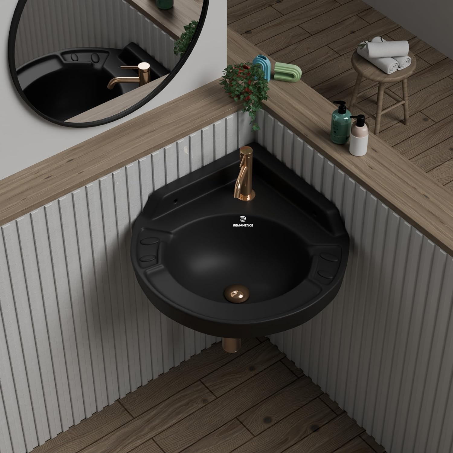 REMANENCE Ceramic Wall Mounted Corner Wash Basin For Compact Bathroom, Restaurant and Cafés, Powder Rooms (17 x 15 x 7.5 Inch) (Black)