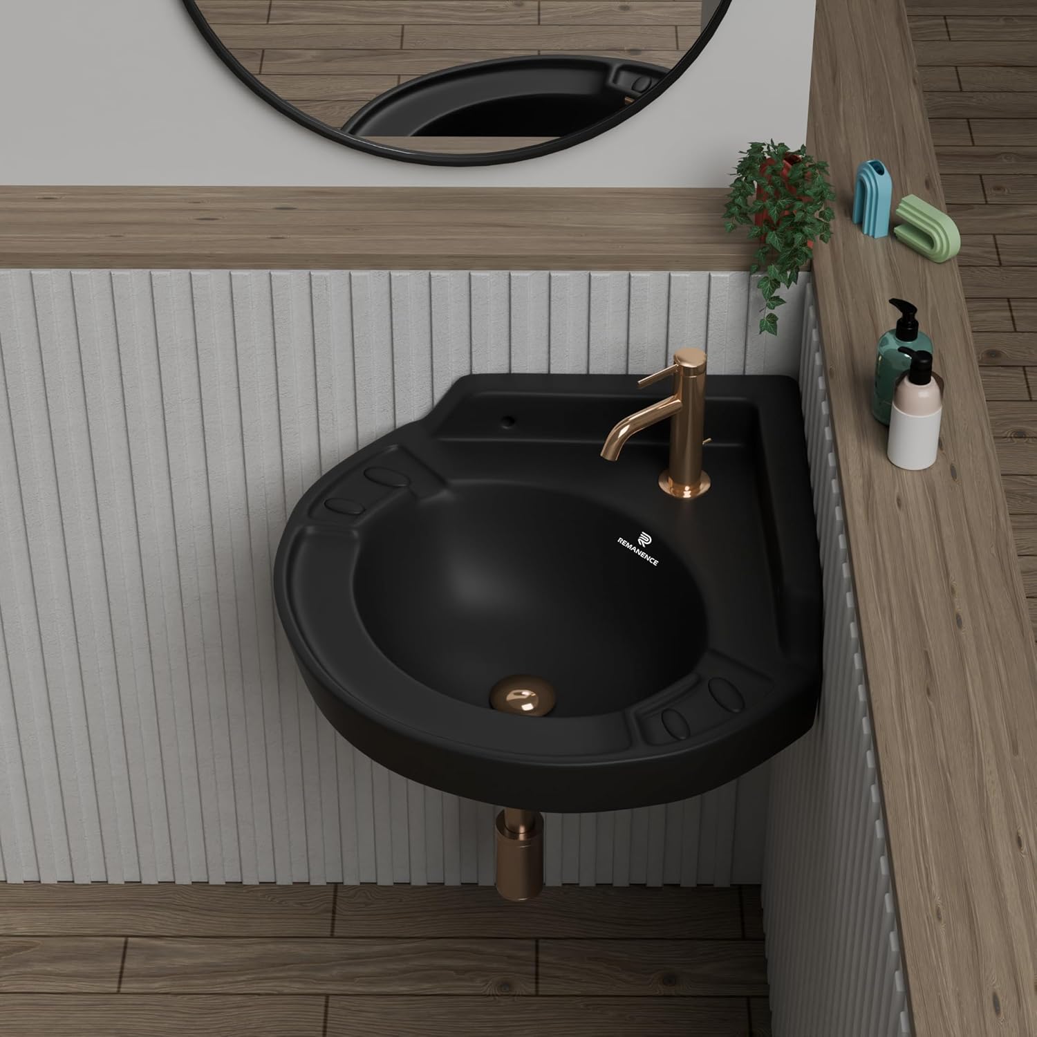 REMANENCE Ceramic Wall Mounted Corner Wash Basin For Compact Bathroom, Restaurant and Cafés, Powder Rooms (17 x 15 x 7.5 Inch) (Black)