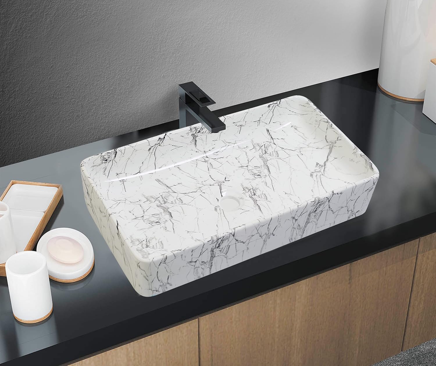 REMANENCE Designer Countertop Ceramic Wash Basin For Bathroom (24 x 14 x 5 Inch) (White-Black)