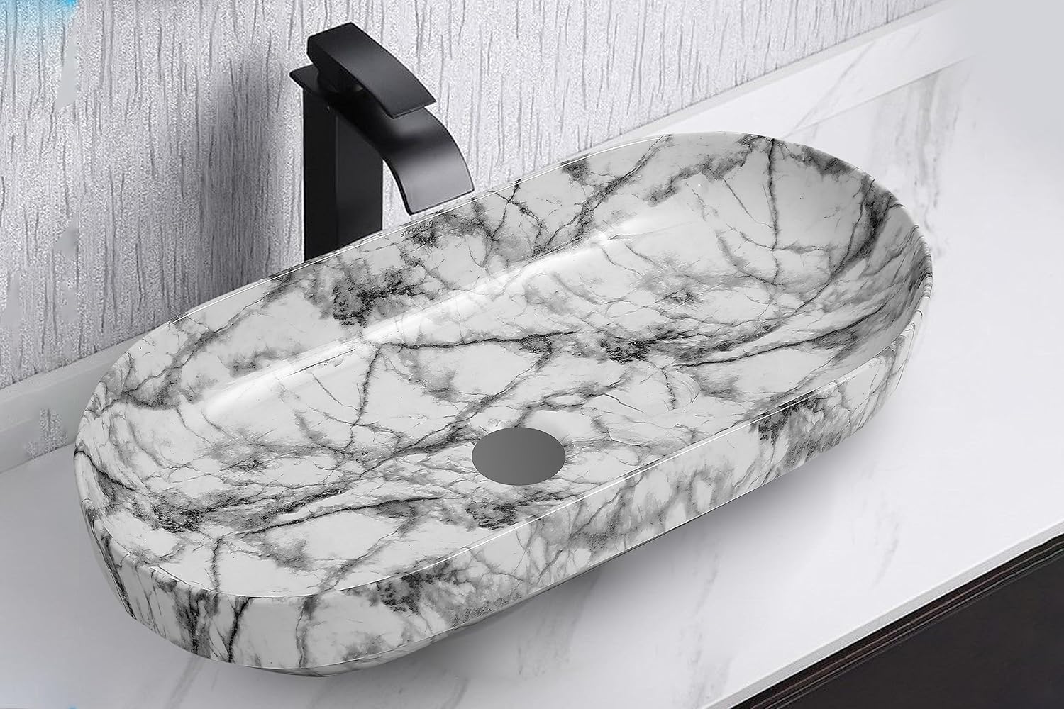 REMANENCE Premium Designer Countertop Wash Basin for Premium Restaurants & Cafés, Luxury Bathrooms, Boutique Hotels & Resorts (28 x 14 x 5.5 Inch) (White Black)