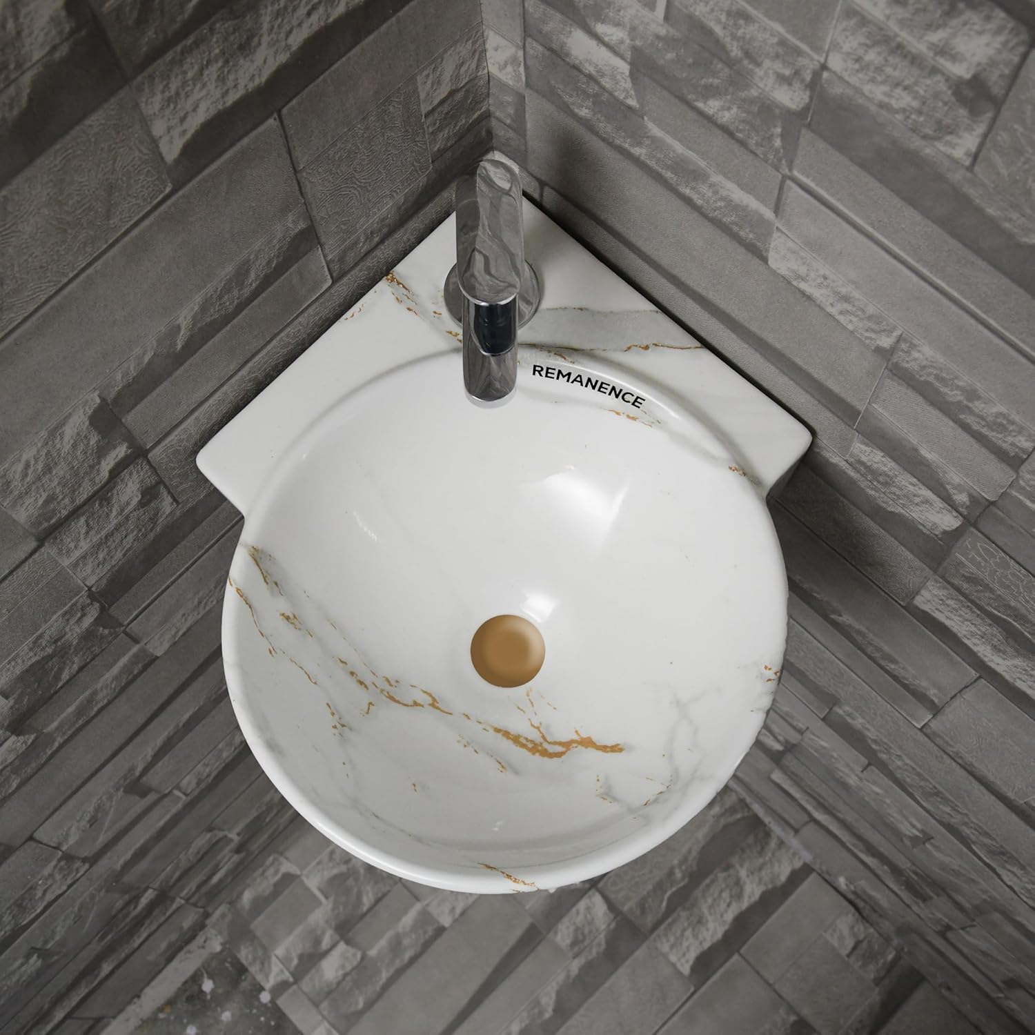 REMANENCE-ROUND Designer Wall Mounted Small Corner Wash Basin for Bathroom (16.3 x 13.8 x 4.3 Inch)
