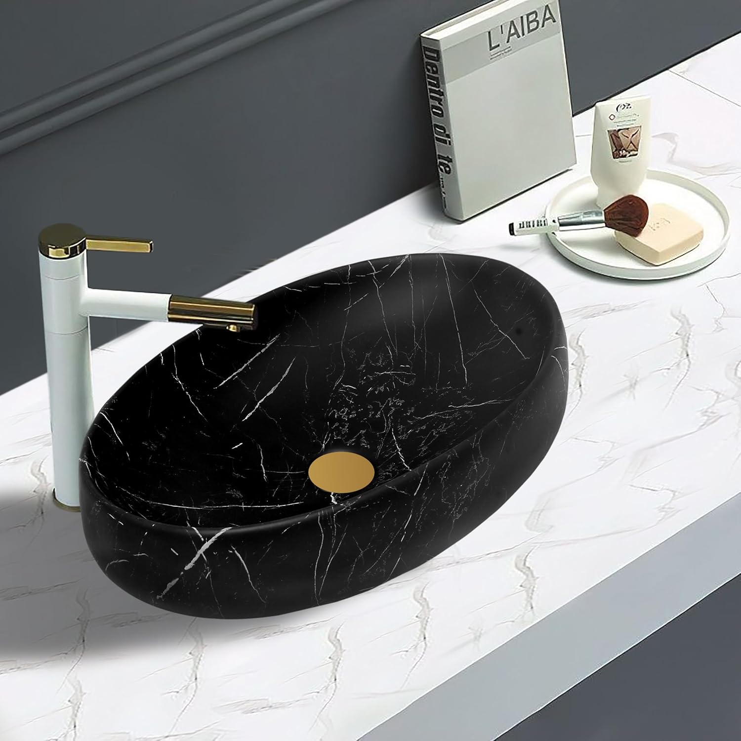 REMANENCE Ceramic Countertop Wash Basin for Designer Bathroom, Boutique Hotels, Luxury Homes (24 x 15 x 6 Inch) (Matte Black N White Strip)