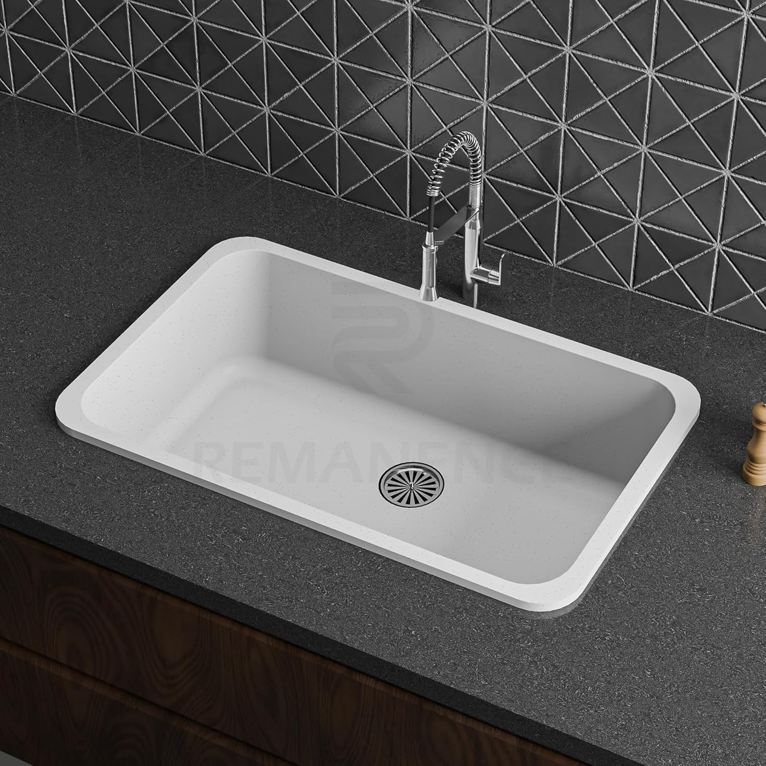 REMANENCE Granite Quartz Single Bowl Matte Finish Kitchen Sink With Drainer Basket (31 x 19 x 9 Inch) (White Dot)