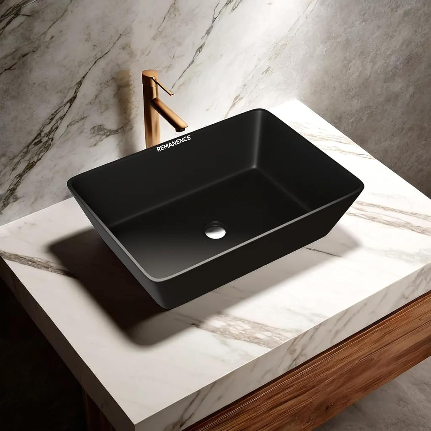 REMANENCE Granite Quartz Countertop Wash Basin (18 X 13 X 5.5 Inch) (Matte Black)