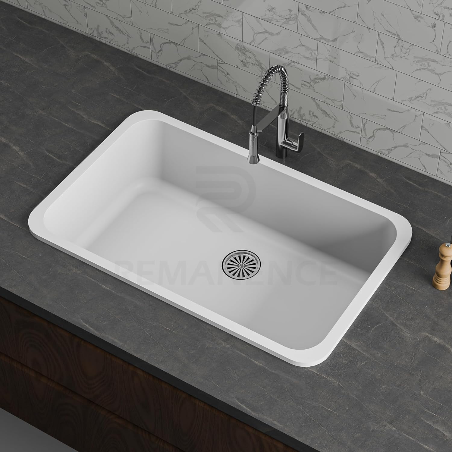 REMANENCE Granite Quartz Single Bowl Matte Finish Kitchen Sink With Drainer Basket (31 x 19 x 9 Inch) (White)