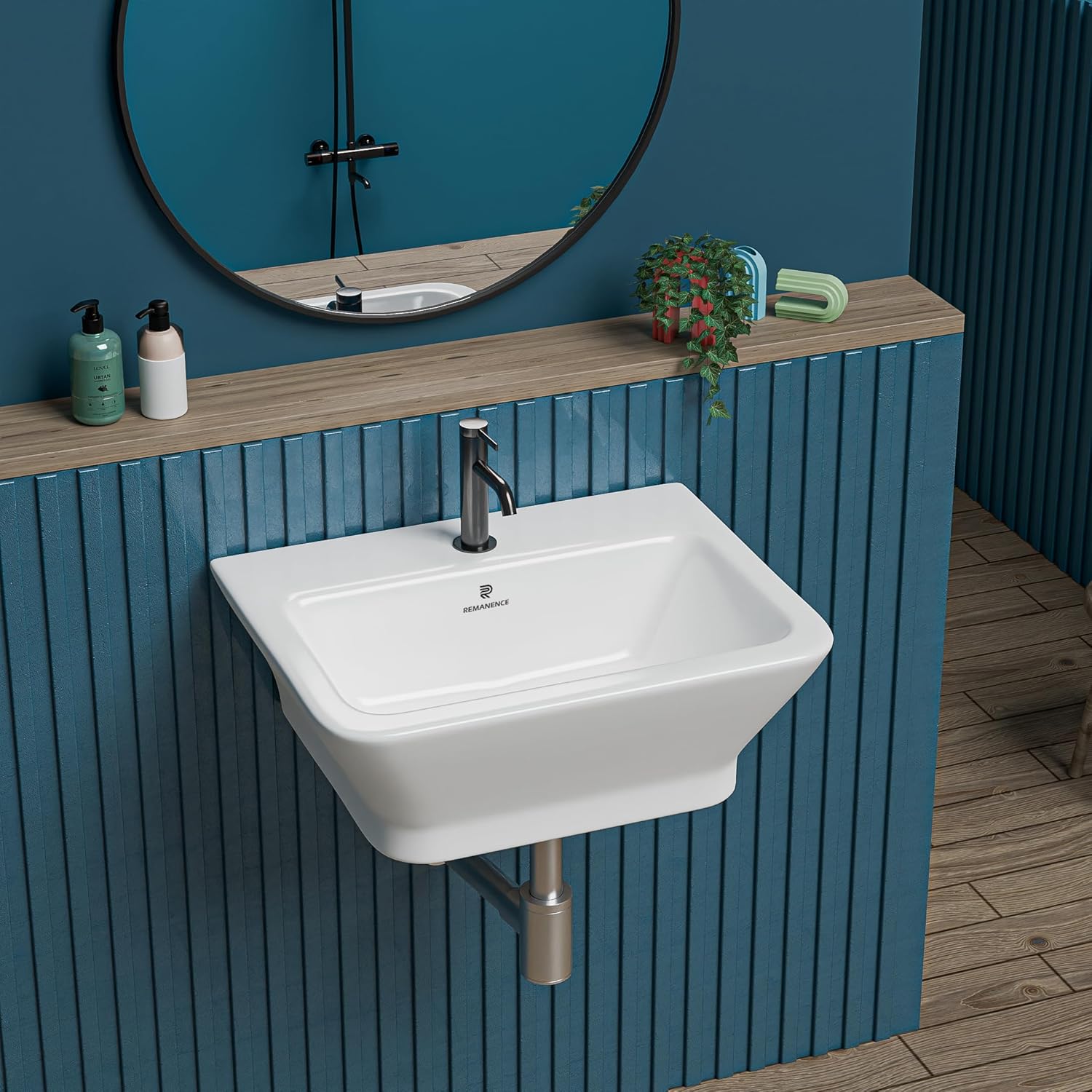 REMANENCE-HARIHAR Ceramic Wall Mounted Wash Basin for Compact Bathrooms, Restaurants & Cafés, Office Washrooms (15.7 x 13 x 6 Inch) (White)