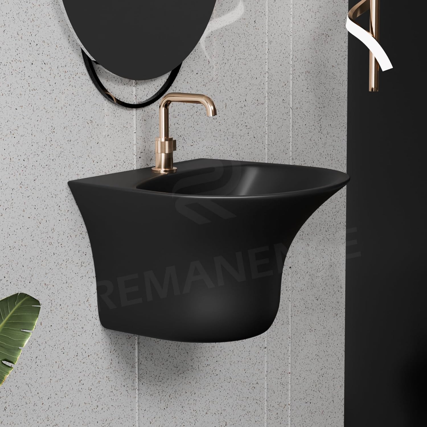 REMANENCE-RICH Luxury Wall Mount Half Pedestal Wash Basin for Bathroom (Matte Black)