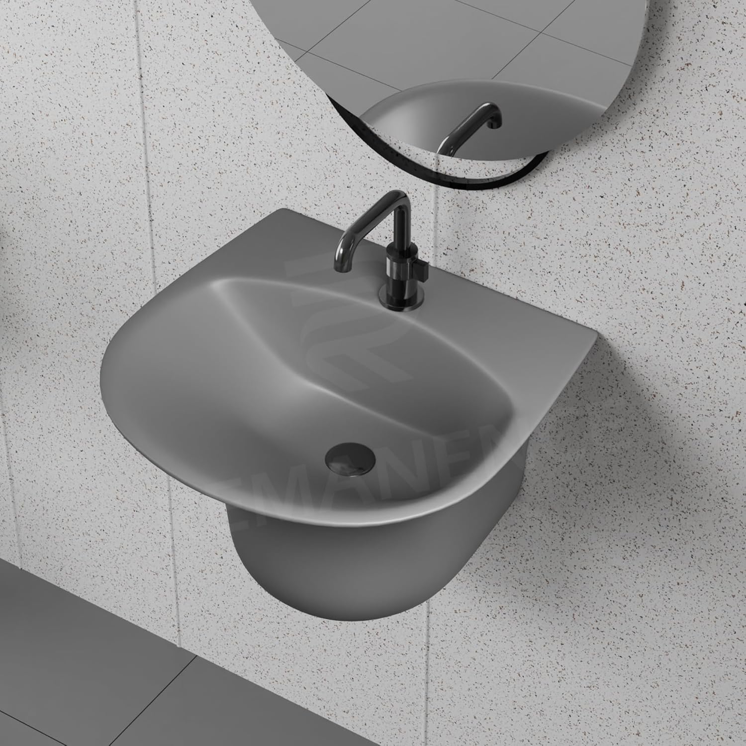 REMANENCE-RICH Luxury Wall Mount Half Pedestal Wash Basin for Bathroom (Matte Grey)