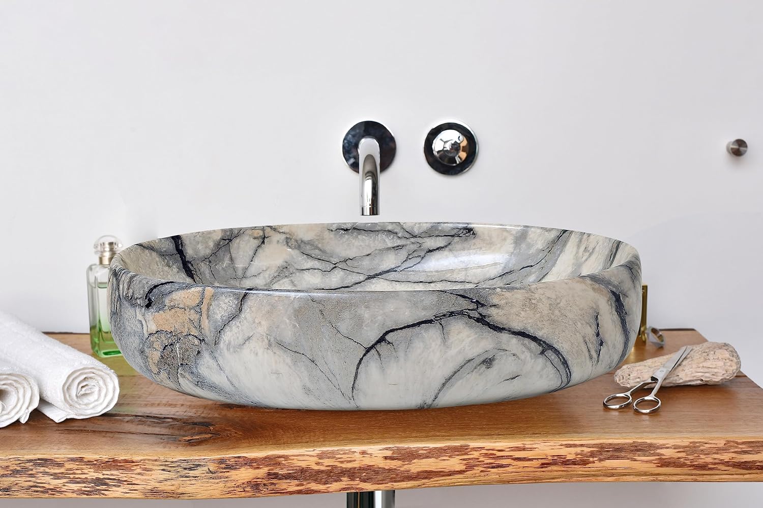 REMANENCE Ceramic Countertop Wash Basin for Designer Bathroom, Boutique Hotels, Luxury Homes (24 x 15 x 6 Inch) (Beige Black)