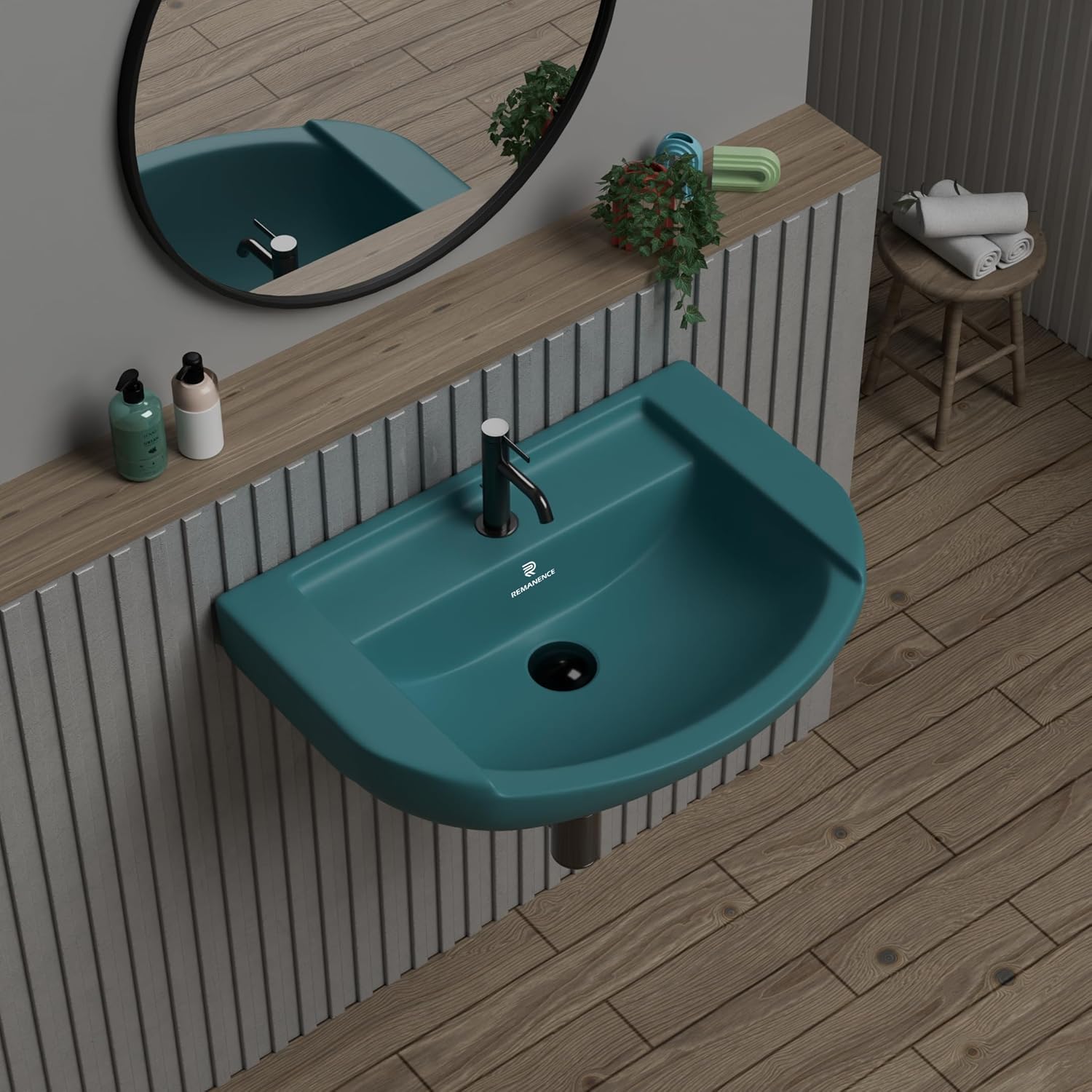 REMANENCE-GOLDEN Ceramic Wall Hung Corner Wash Basin for Bathroom (18.5 x 14 x 7.5 Inch)