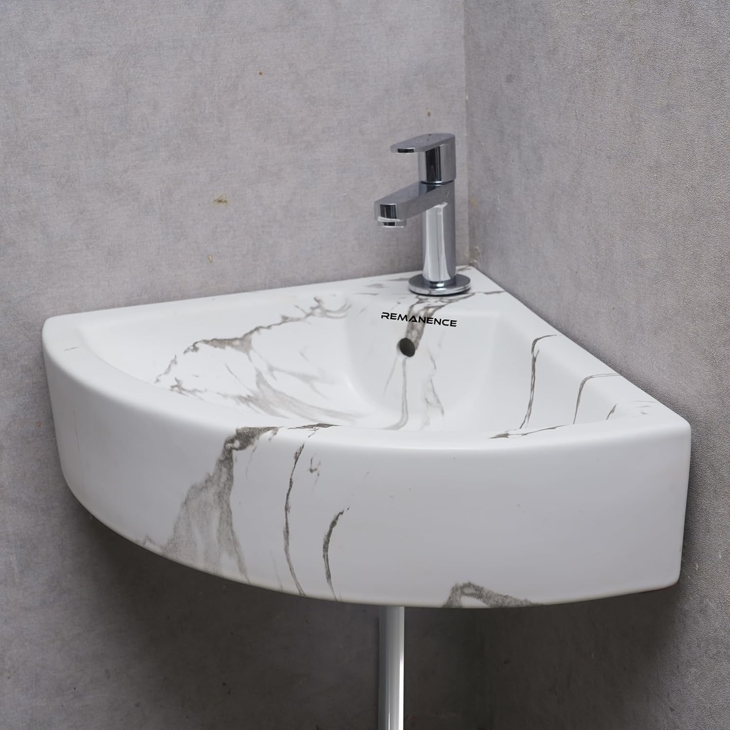REMANENCE Ceramic Designer Wall Mounted Corner Wash Basin (20.4 x 15 x 6 Inch)