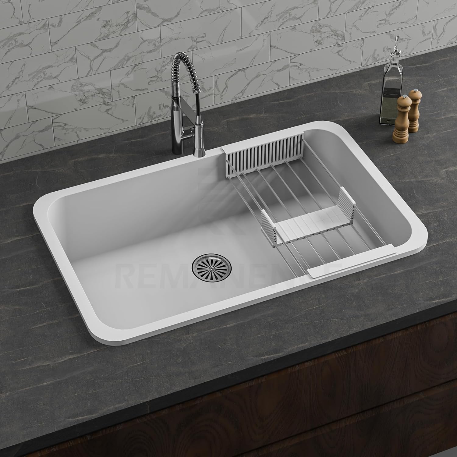 REMANENCE Granite Quartz Single Bowl Matte Finish Kitchen Sink With Drainer Basket (31 x 19 x 9 Inch) (White)