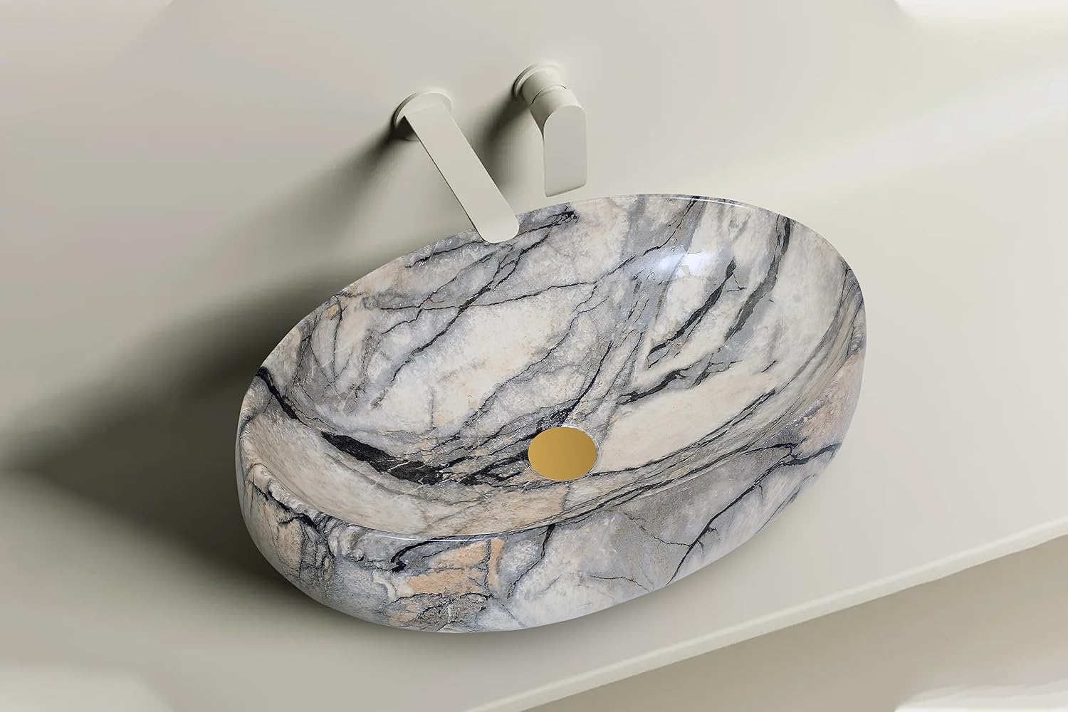 REMANENCE Ceramic Countertop Wash Basin for Designer Bathroom, Boutique Hotels, Luxury Homes (24 x 15 x 6 Inch) (Beige Black)