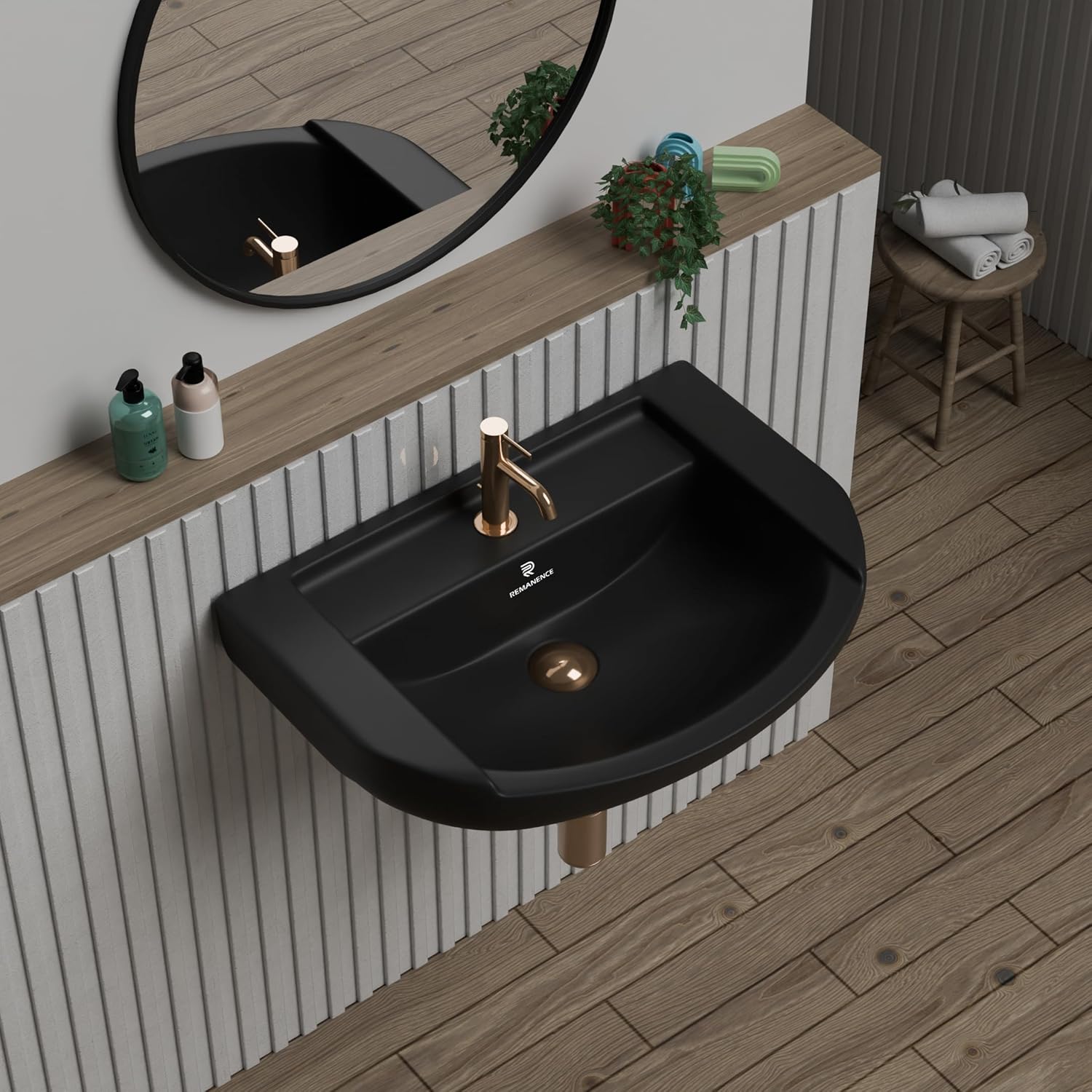 REMANENCE-GOLDEN Ceramic Wall Hung Corner Wash Basin for Bathroom (18.5 x 14 x 7.5 Inch)