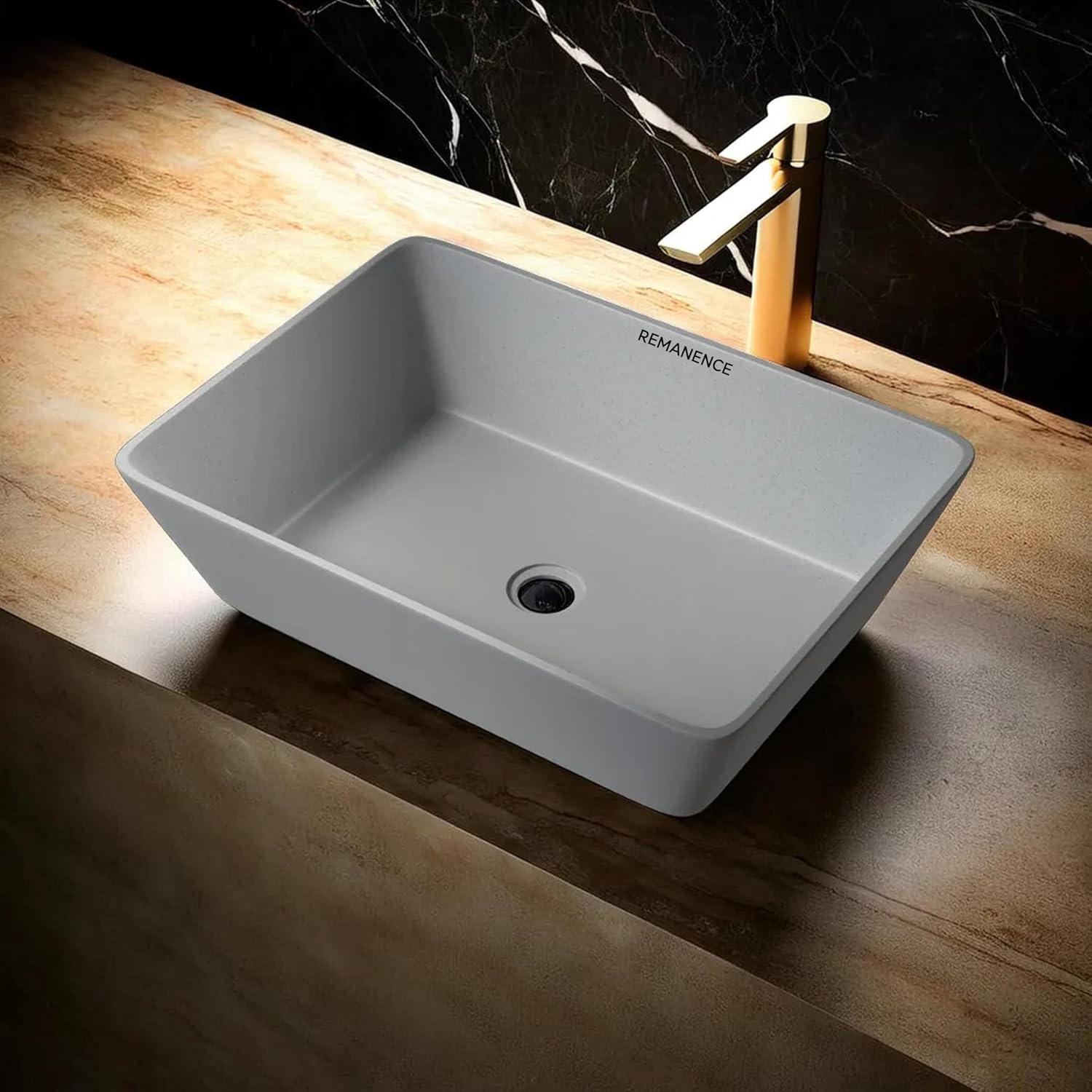 REMANENCE Granite Quartz Countertop Wash Basin (18 X 13 X 5.5 Inch) (Matte Grey Stone)