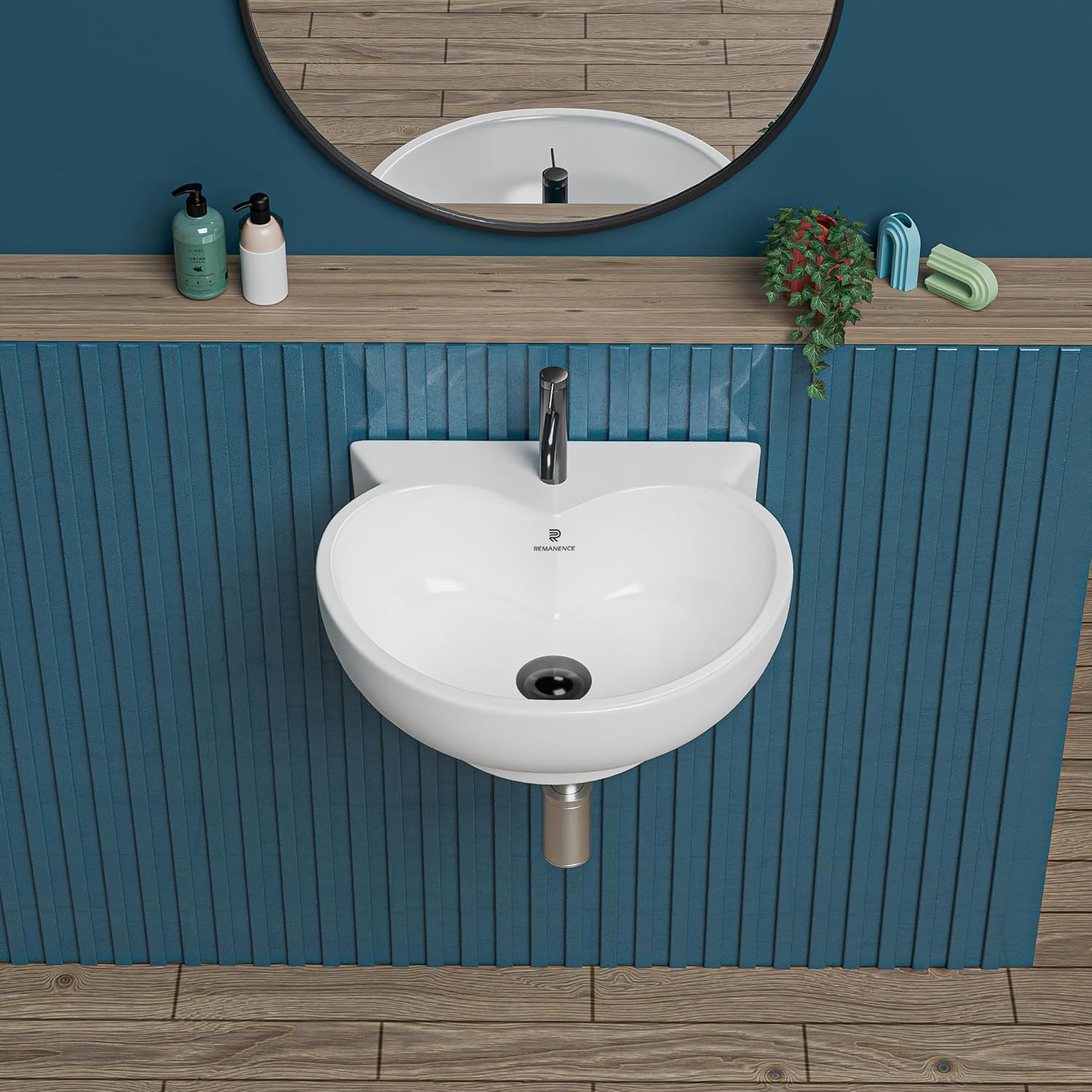 REMANENCE-HEART Ceramic Wall Mounted Wash Basin for Compact Bathrooms, Restaurants & Cafés, Office Washrooms (16 x 15 x 5 Inch) (White)