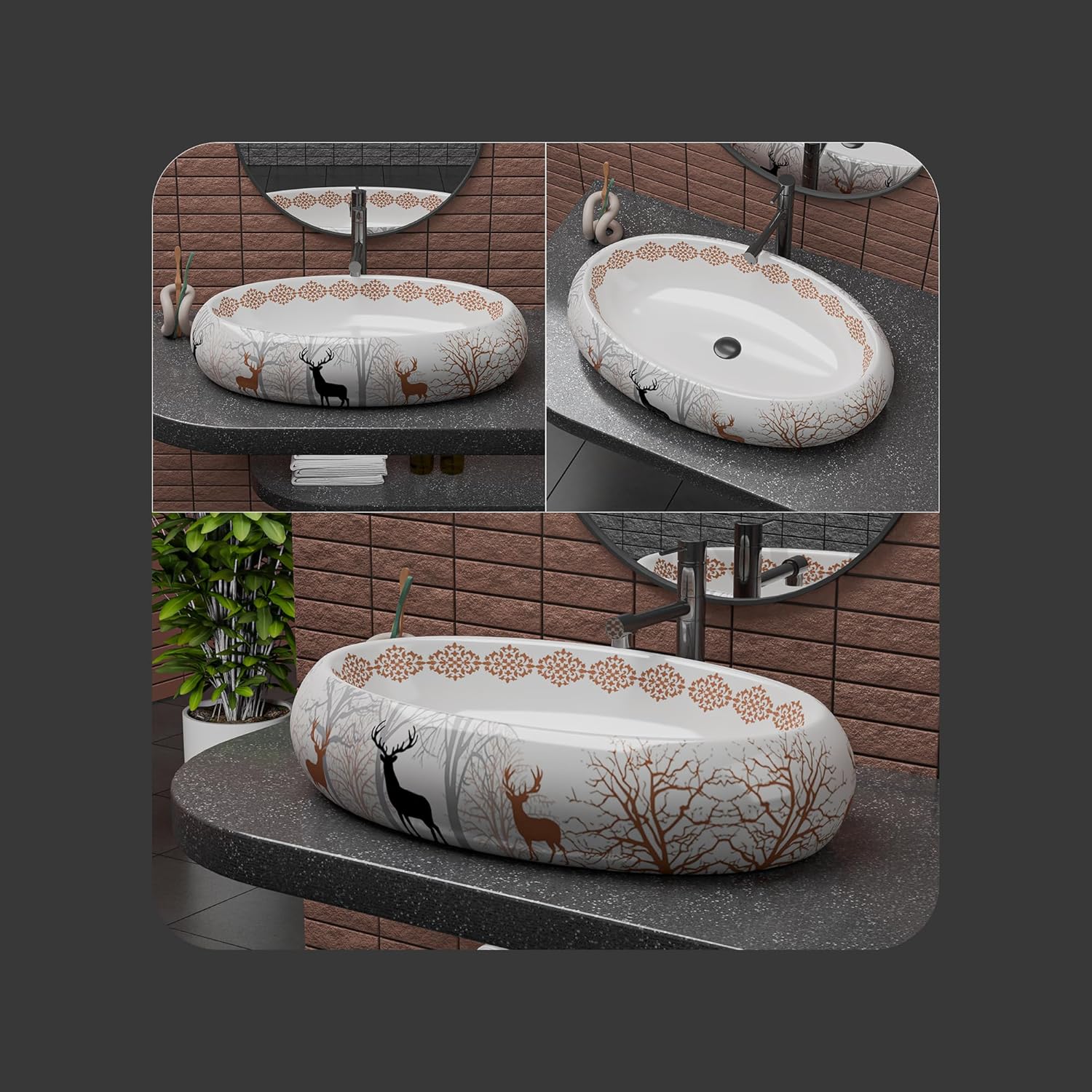 REMANENCE-ROUND Premium Countertop Wash Basin for Luxury Bathrooms, Boutique Hotels & Resorts, Premium Restaurants & Cafés (24 X 16 X 6 Inch) (RED DEER ANIMAL)