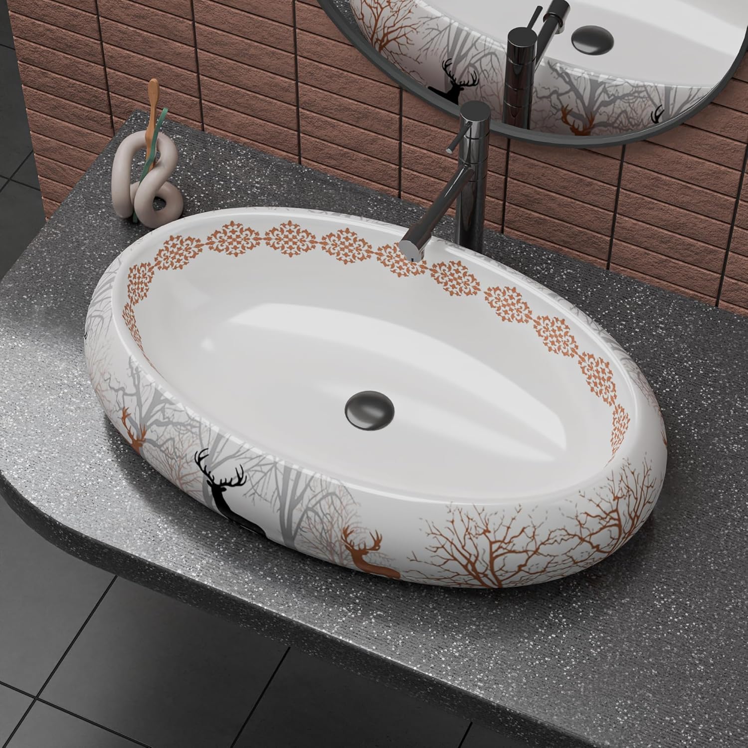 REMANENCE-ROUND Premium Countertop Wash Basin for Luxury Bathrooms, Boutique Hotels & Resorts, Premium Restaurants & Cafés (24 X 16 X 6 Inch) (RED DEER ANIMAL)