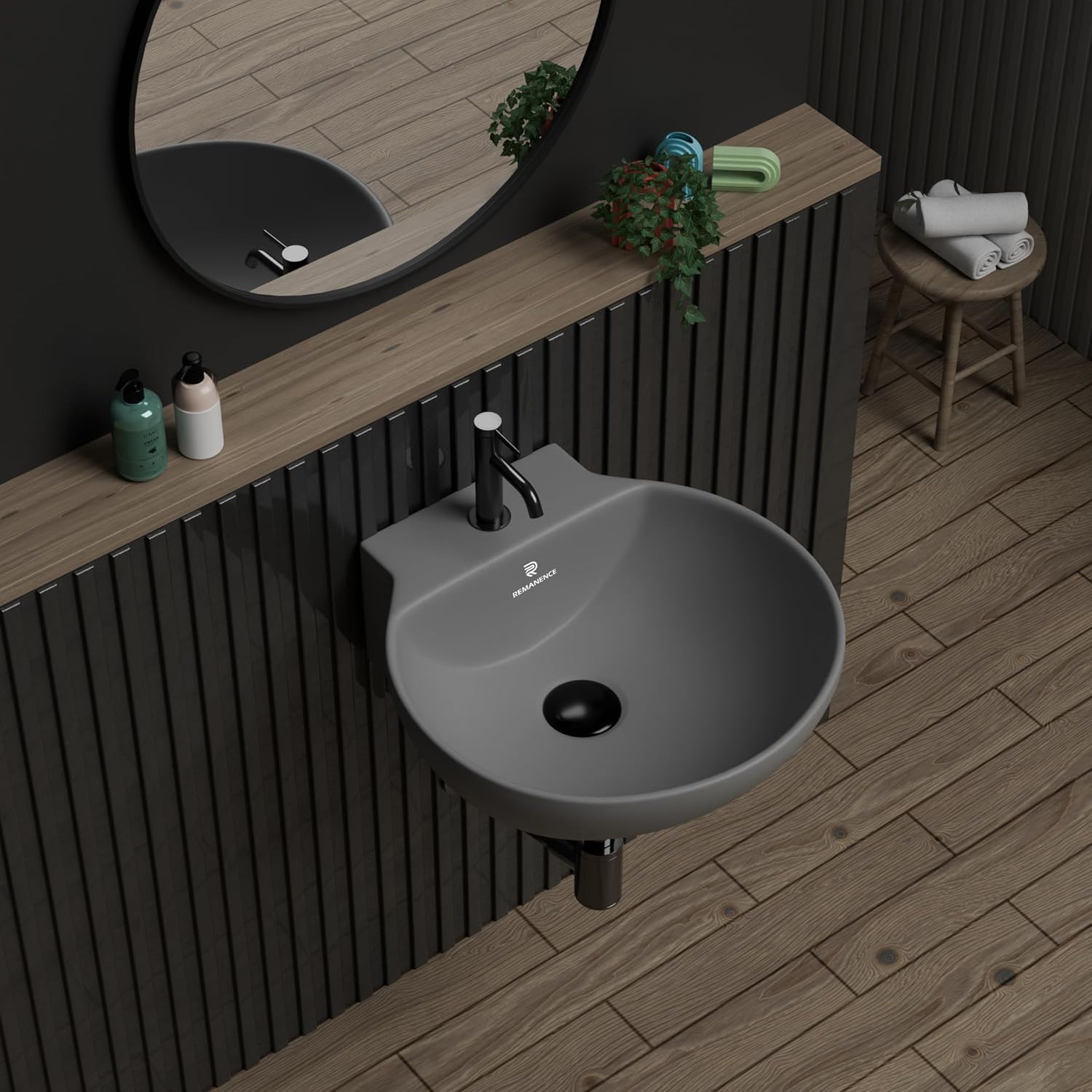 REMANENCE-NANO Ceramic Wall Hung Corner Wash Basin for Bathroom (12 x 12 x 5 Inch)