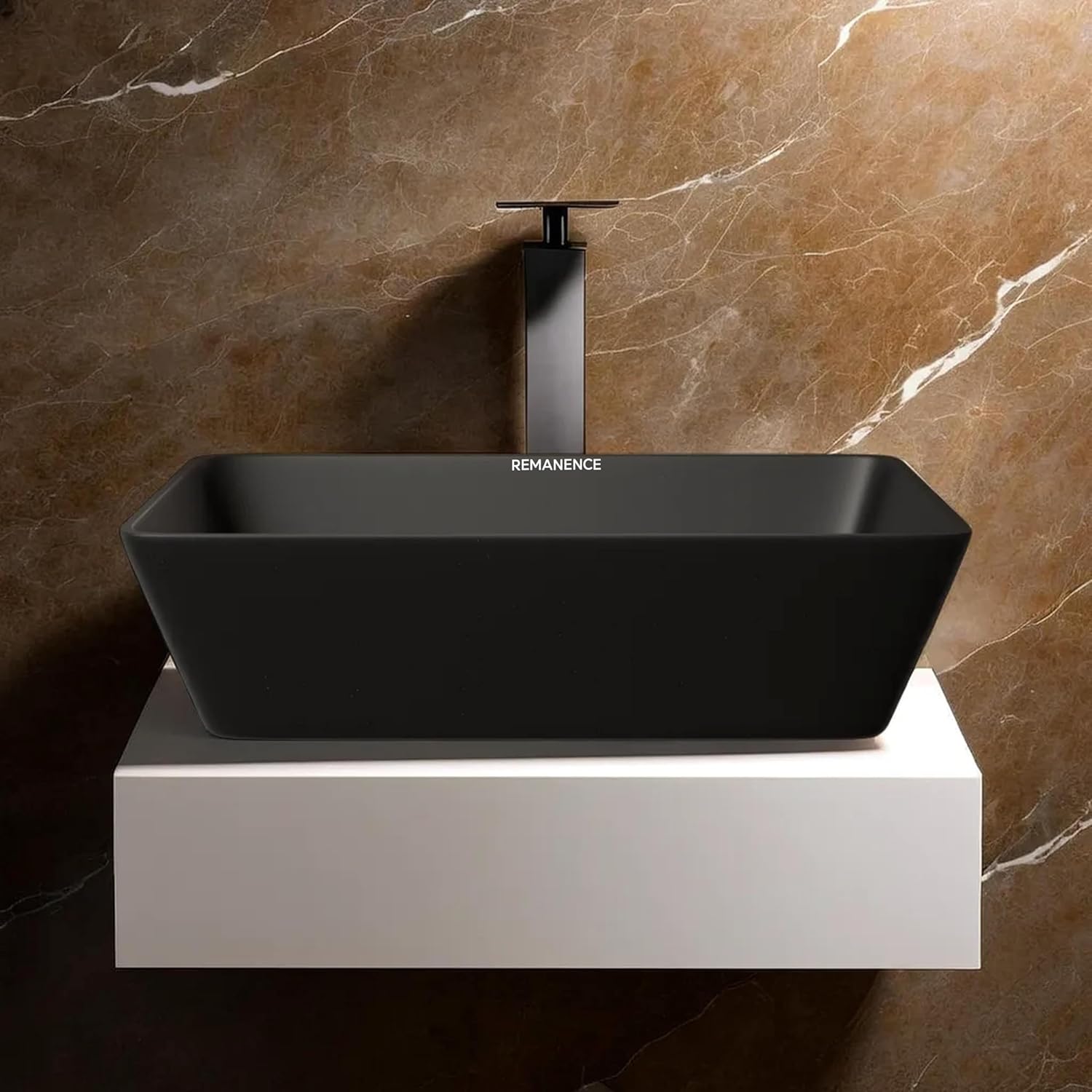 REMANENCE Granite Quartz Countertop Wash Basin (18 X 13 X 5.5 Inch) (Matte Black)