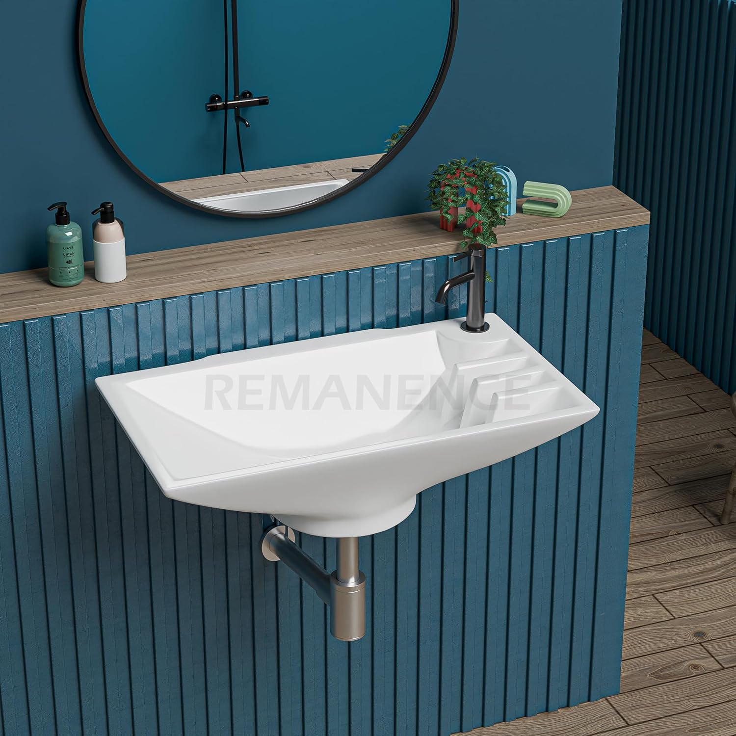 REMANENCE-CIPLA Ceramic Wall Mounted Wash Basin for Compact Bathrooms, Restaurants & Cafés, Office Washrooms (16 x 9 x 5 Inch) (White)