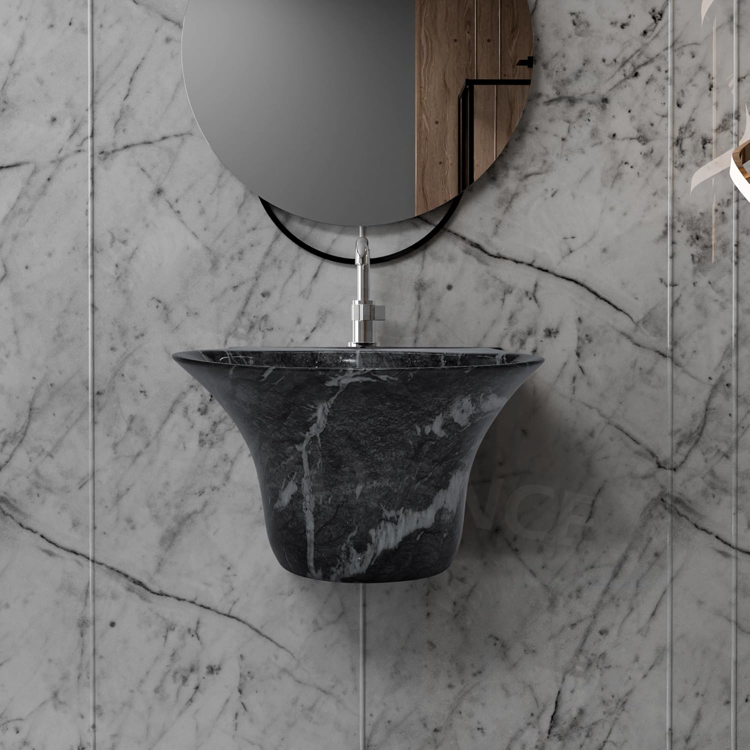 REMANENCE-RICH Luxury Wall Mount Half Pedestal Wash Basin for Bathroom (Black White Jelly)