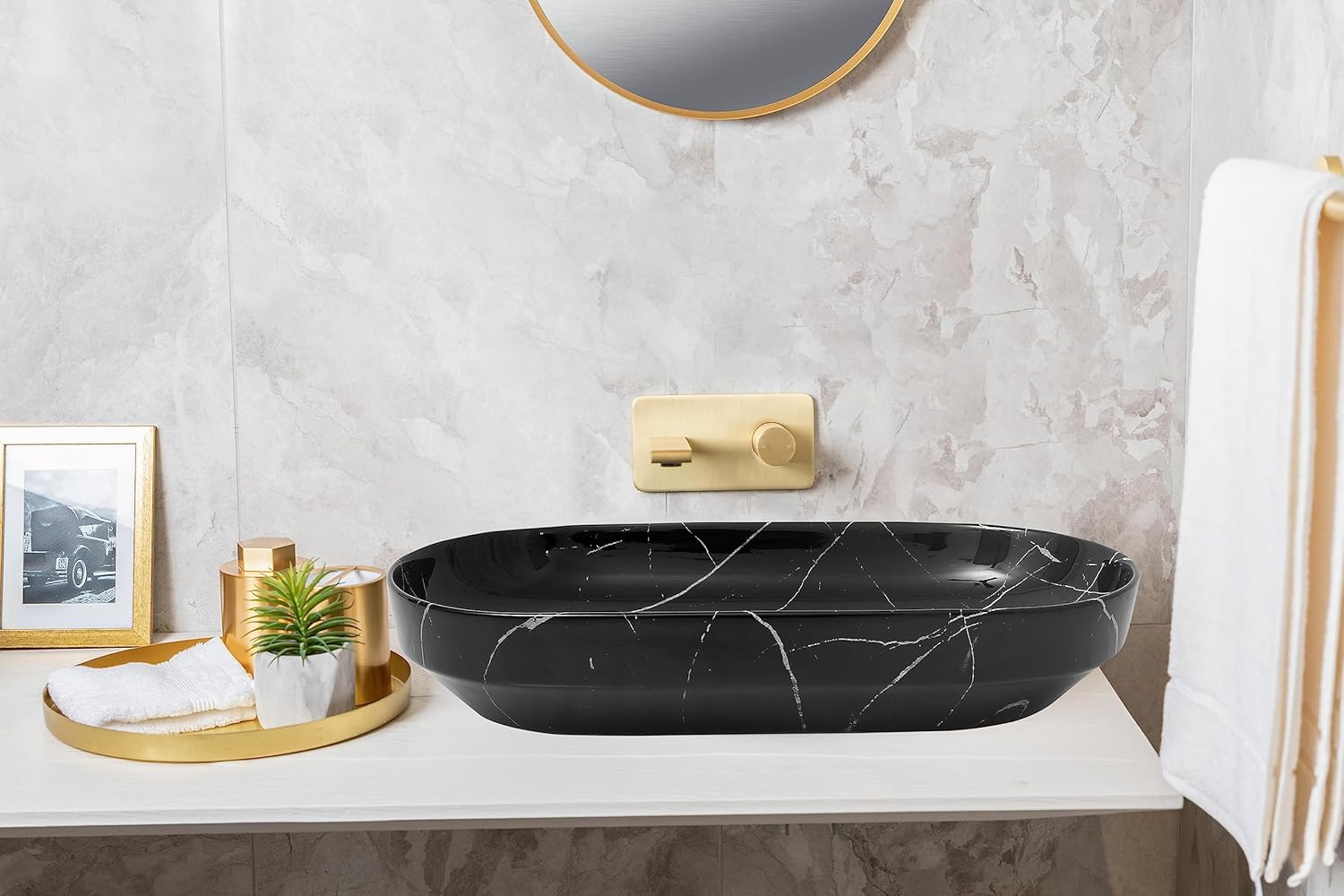 REMANENCE Premium Designer Countertop Wash Basin for Premium Restaurants & Cafés, Luxury Bathrooms, Boutique Hotels & Resorts (28 x 14 x 5.5 Inch) (Black White)