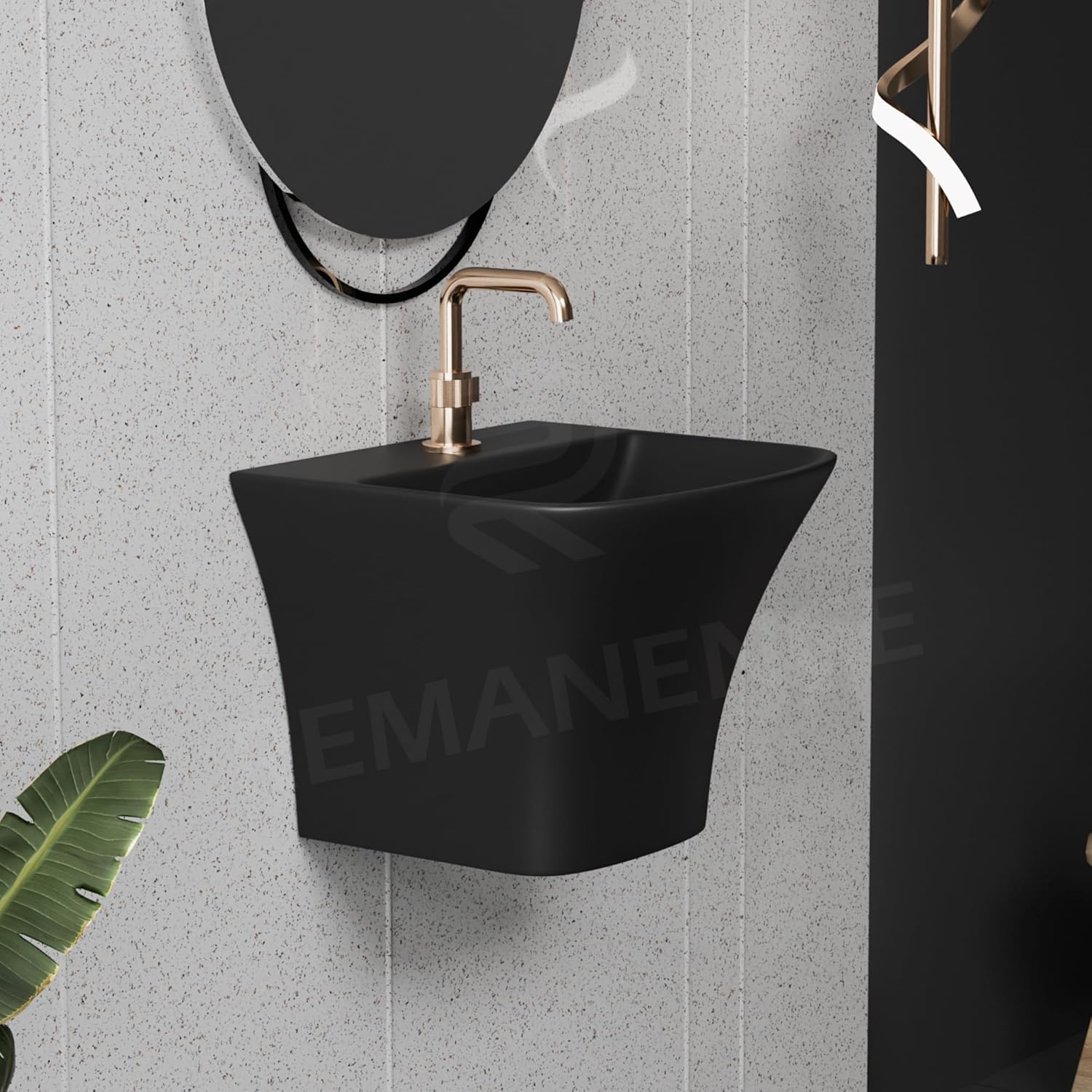 REMANENCE-RION Luxury Wall Mount Half Pedestal Wash Basin for Bathroom, Restaurant, Hotels (Matte Black)