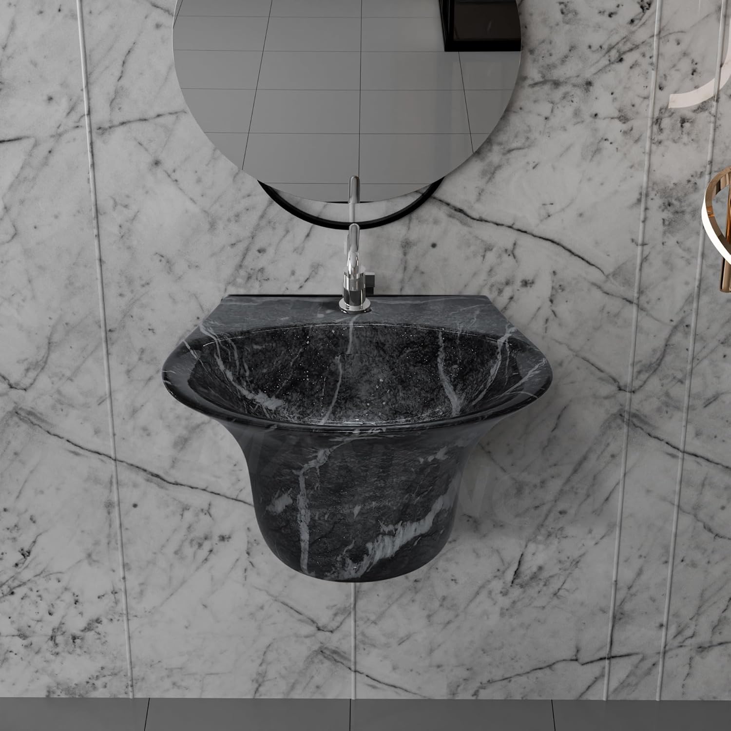 REMANENCE-RICH Luxury Wall Mount Half Pedestal Wash Basin for Bathroom (Black White Jelly)