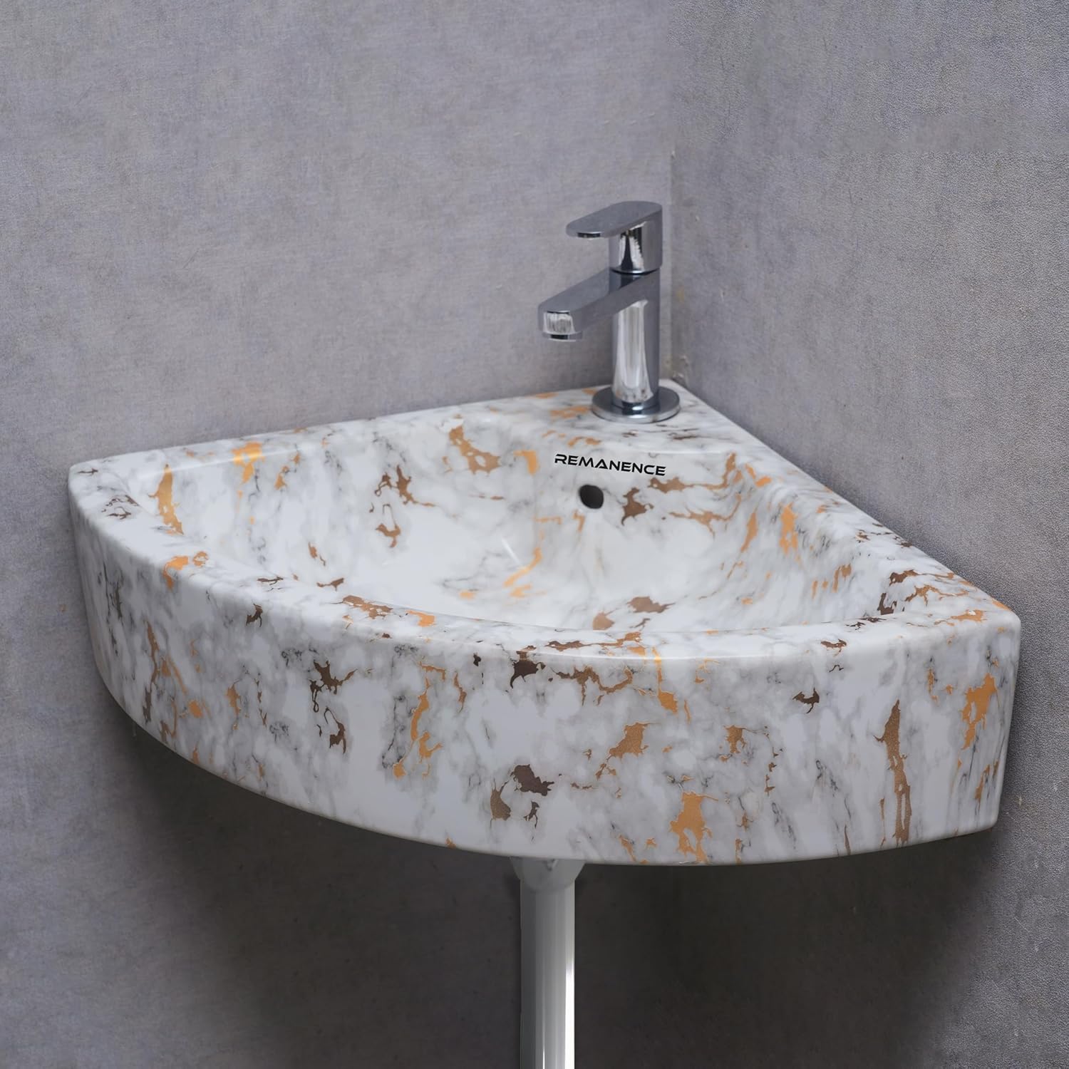 REMANENCE Ceramic Designer Wall Mounted Corner Wash Basin (20.4 x 15 x 6 Inch)
