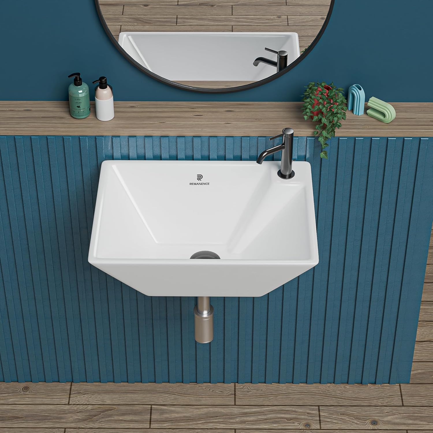 REMANENCE-SAGA Ceramic Wall Mounted Wash Basin for Compact Bathrooms, Restaurants & Cafés, Office Washrooms (14 x 10 x 5 Inch) (White)