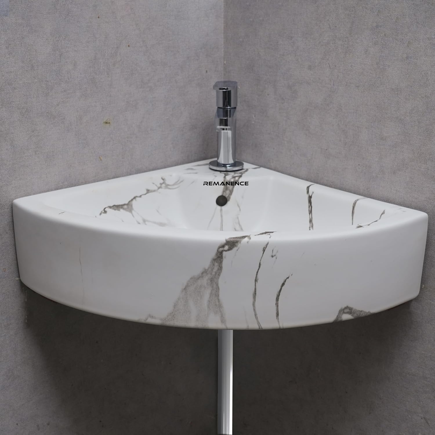 REMANENCE Ceramic Designer Wall Mounted Corner Wash Basin (20.4 x 15 x 6 Inch)