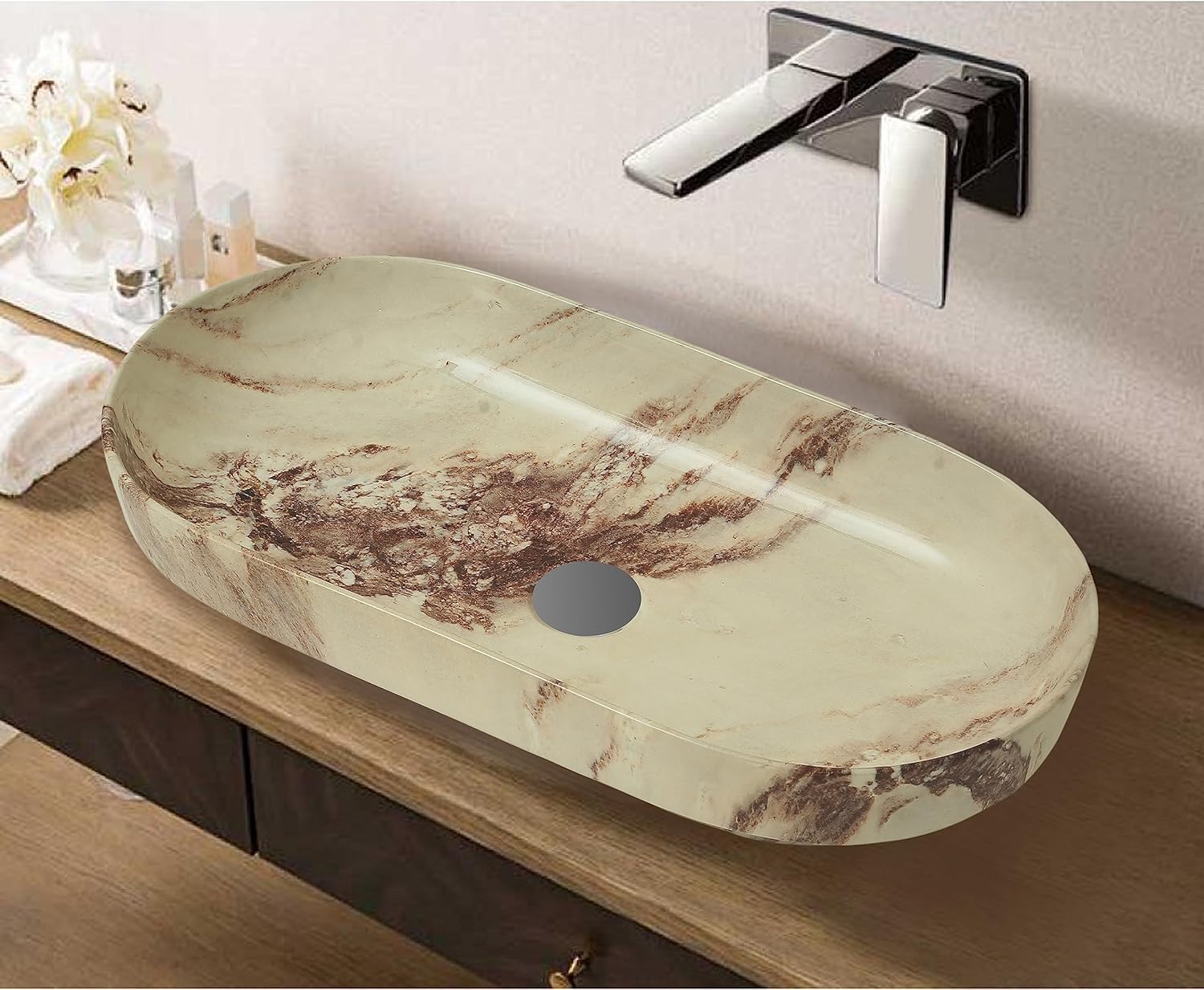 REMANENCE Premium Designer Countertop Wash Basin for Premium Restaurants & Cafés, Luxury Bathrooms, Boutique Hotels & Resorts (28 x 14 x 5.5 Inch) (Beige)