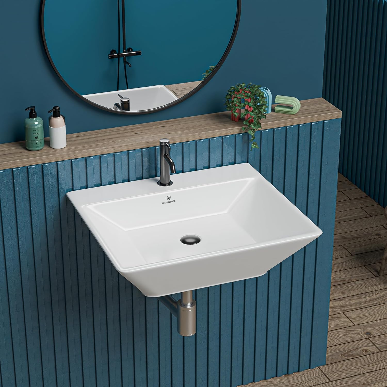 REMANENCE-LUMINA Ceramic Wall Mounted Wash Basin for Compact Bathrooms, Restaurants & Cafés, Office Washrooms (17 x 14.7 x 5 Inch) (White)