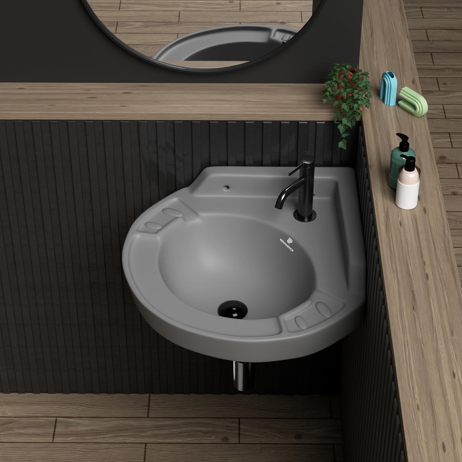 REMANENCE Ceramic Wall Mounted Corner Wash Basin For Compact Bathroom, Restaurant and Cafés, Powder Rooms (17 x 15 x 7.5 Inch) (Black)
