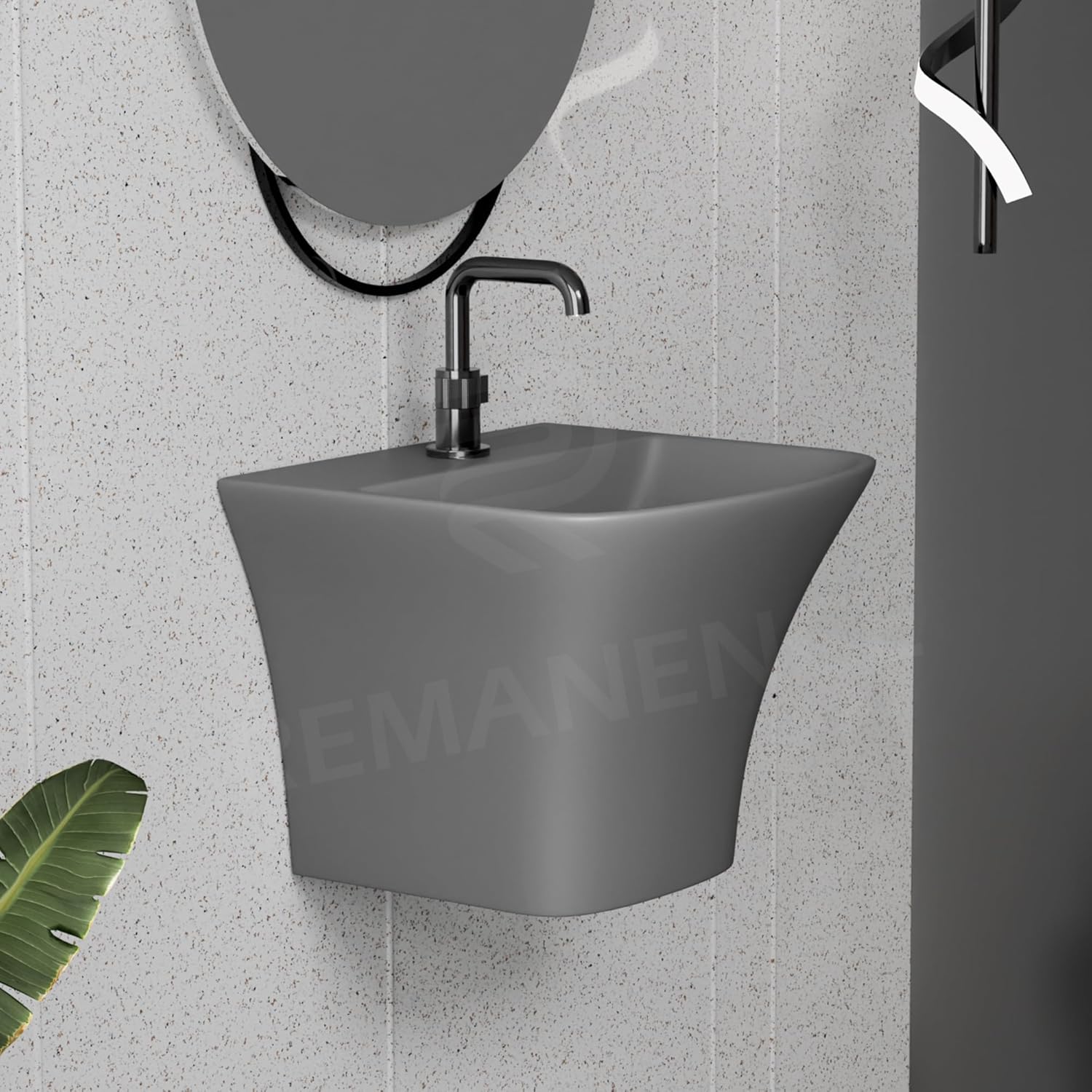 REMANENCE-RION Luxury Wall Mount Half Pedestal Wash Basin for Bathroom, Restaurant, Hotels (Matte Grey)