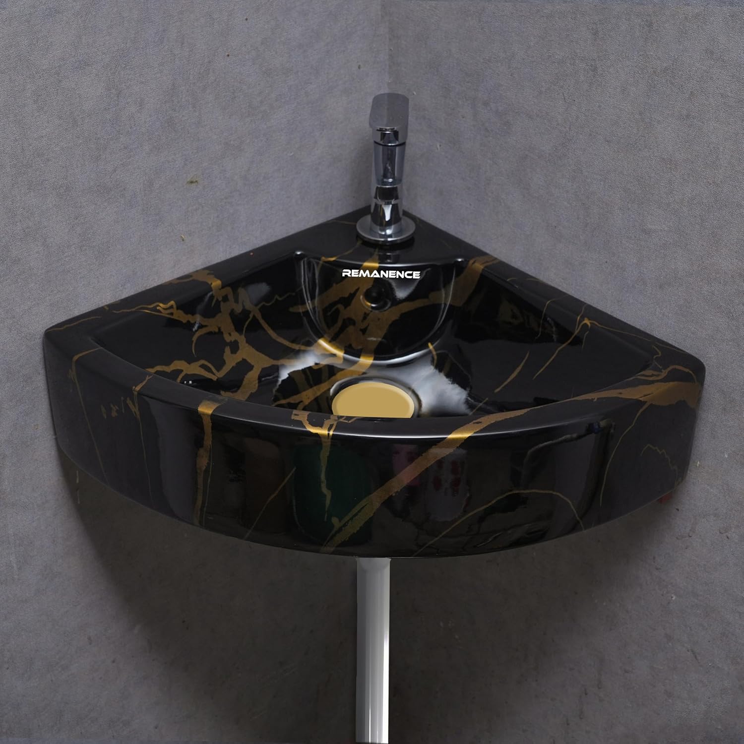 REMANENCE Ceramic Designer Wall Mounted Corner Wash Basin (20.4 x 15 x 6 Inch)